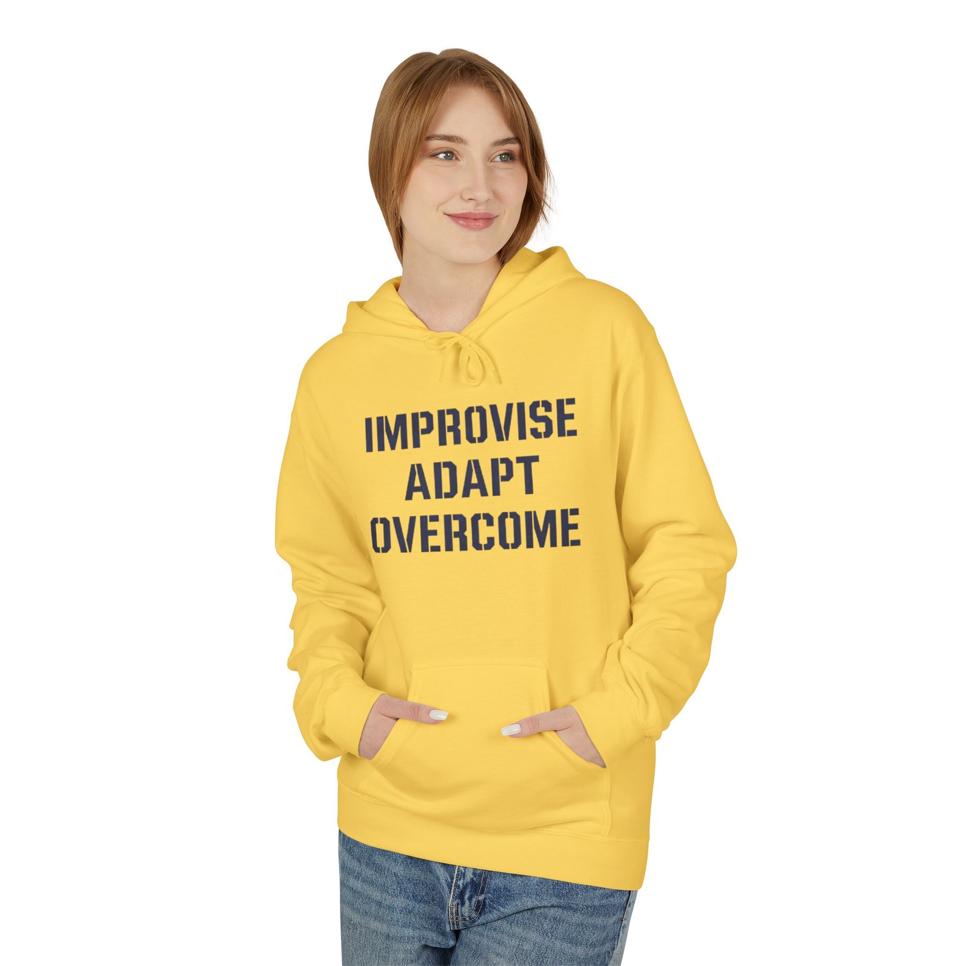 Unisex Inspirational Fleece Hoodie - "Improvise Adapt Overcome" & American Woman Graphic, Motivational Gift, Casual Wear, Comfortable Hoodie