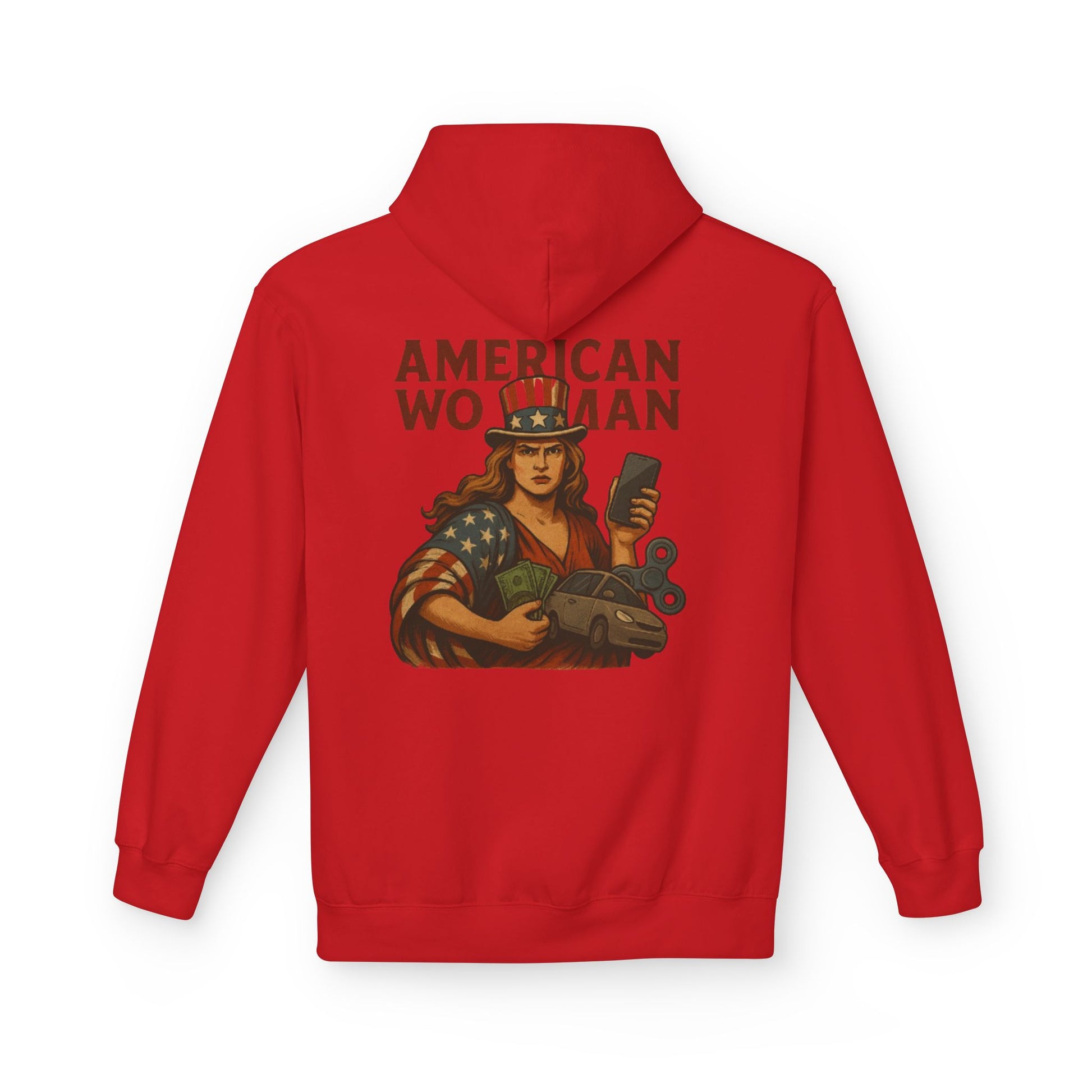 Unisex Inspirational Fleece Hoodie - "Improvise Adapt Overcome" & American Woman Graphic, Motivational Gift, Casual Wear, Comfortable Hoodie