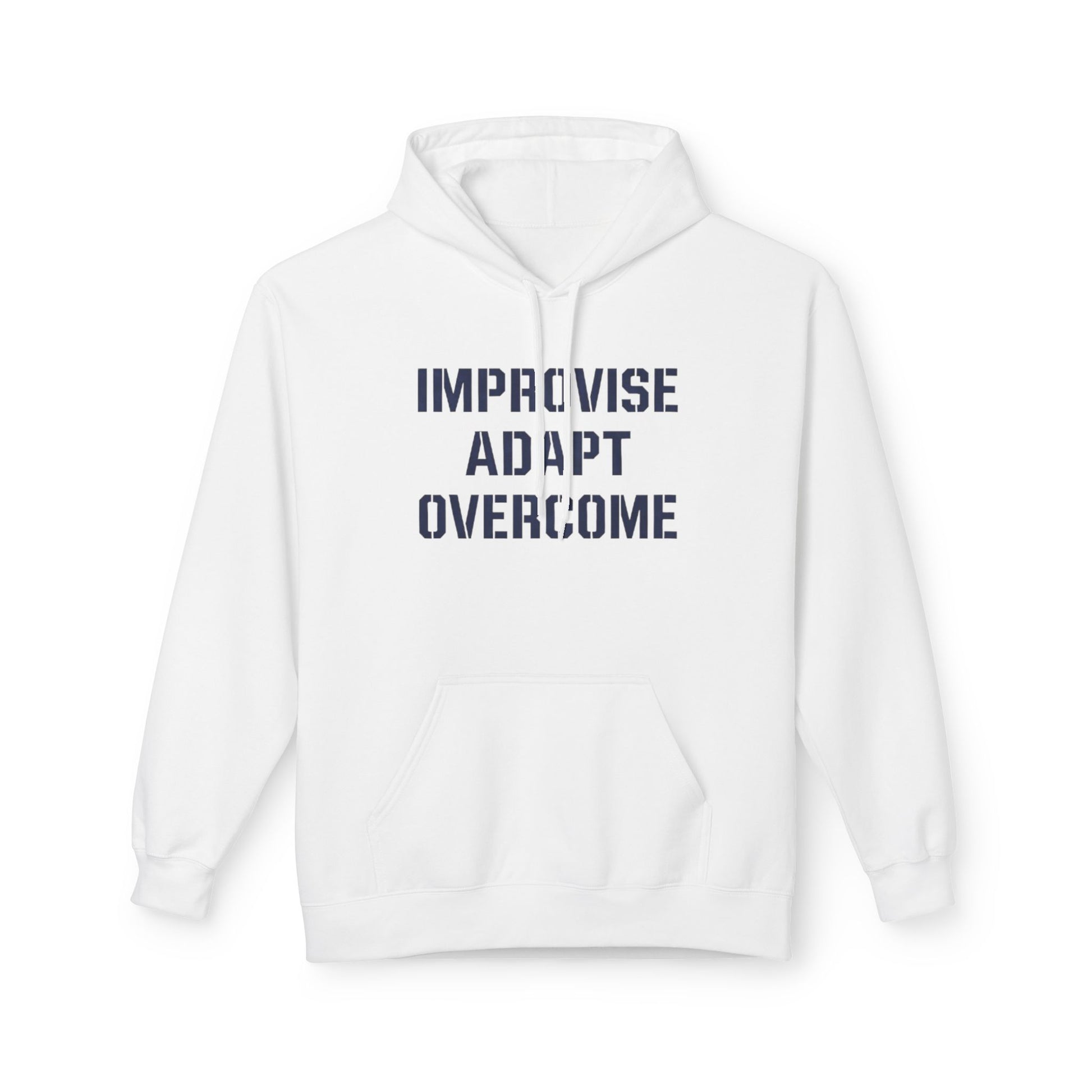 Unisex Inspirational Fleece Hoodie - "Improvise Adapt Overcome" & American Woman Graphic, Motivational Gift, Casual Wear, Comfortable Hoodie
