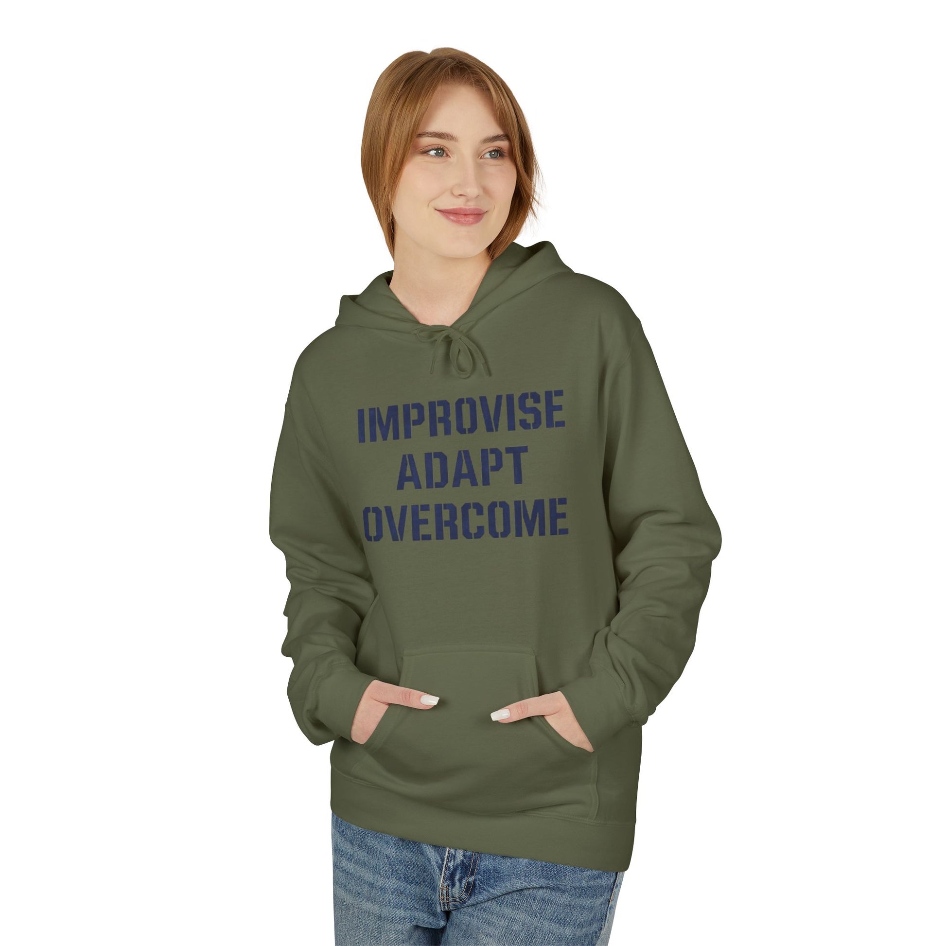 Unisex Inspirational Fleece Hoodie - "Improvise Adapt Overcome" & American Woman Graphic, Motivational Gift, Casual Wear, Comfortable Hoodie