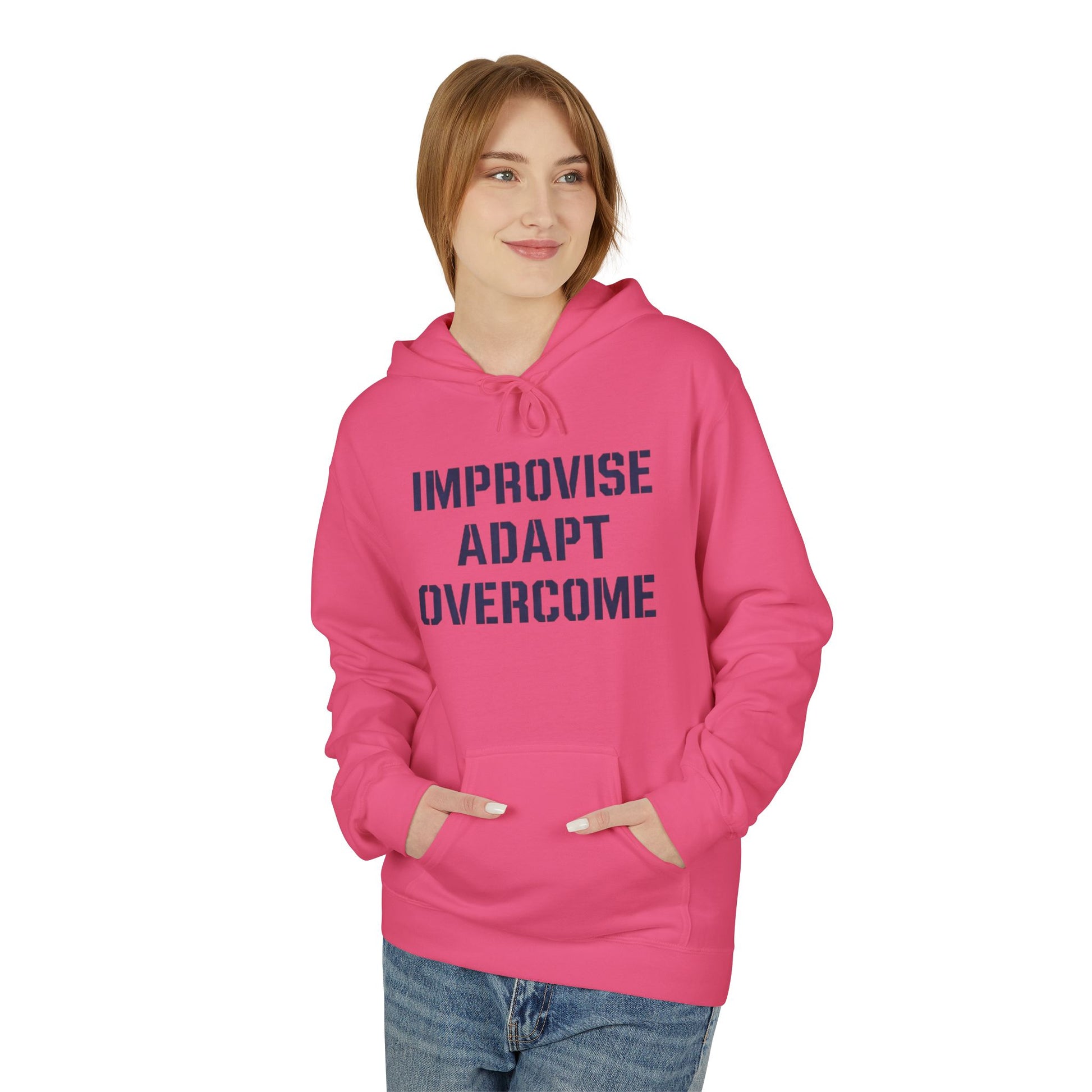 Unisex Inspirational Fleece Hoodie - "Improvise Adapt Overcome" & American Woman Graphic, Motivational Gift, Casual Wear, Comfortable Hoodie
