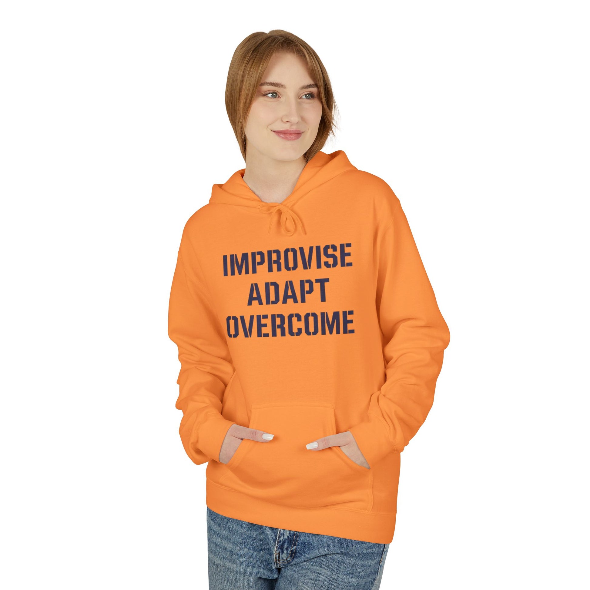 Unisex Inspirational Fleece Hoodie - "Improvise Adapt Overcome" & American Woman Graphic, Motivational Gift, Casual Wear, Comfortable Hoodie