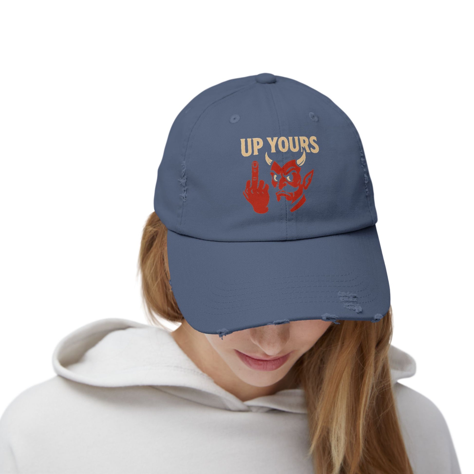 Unisex Distressed Cap with Up Yours Design, Casual Hat, Trendy Accessories, Gift for Him/Her, Streetwear Fashion, Humor Merchandise