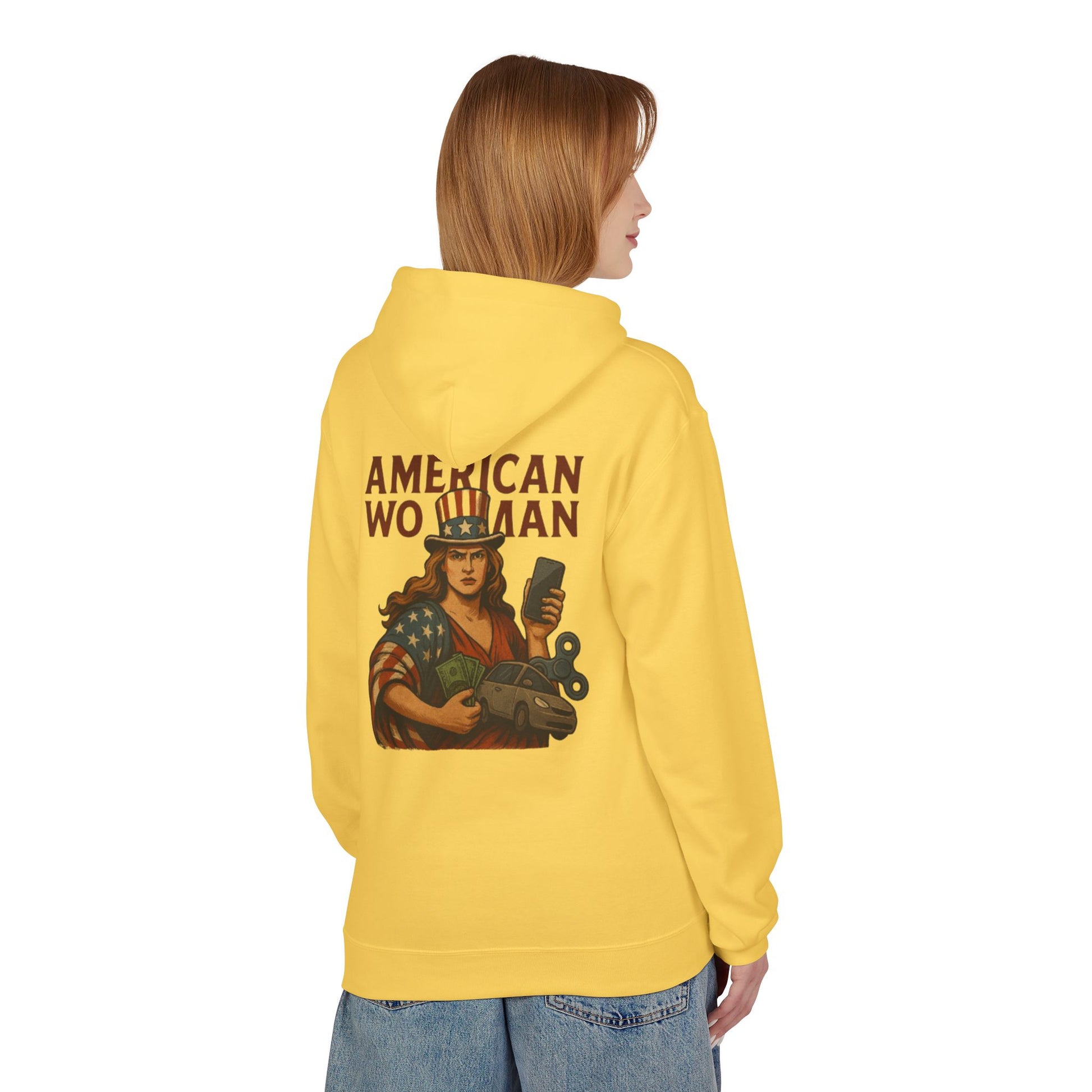 Unisex Inspirational Fleece Hoodie - "Improvise Adapt Overcome" & American Woman Graphic, Motivational Gift, Casual Wear, Comfortable Hoodie