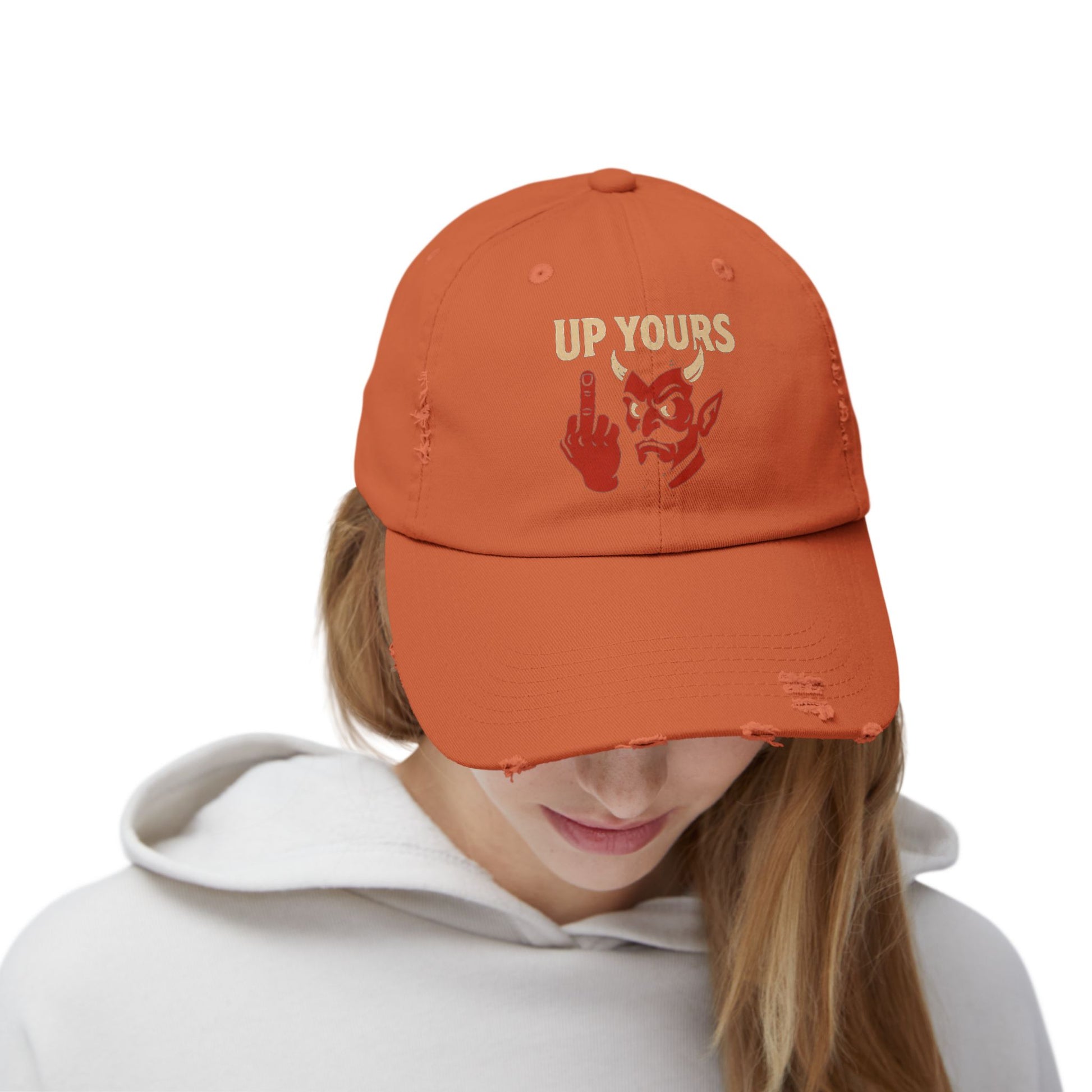 Unisex Distressed Cap with Up Yours Design, Casual Hat, Trendy Accessories, Gift for Him/Her, Streetwear Fashion, Humor Merchandise
