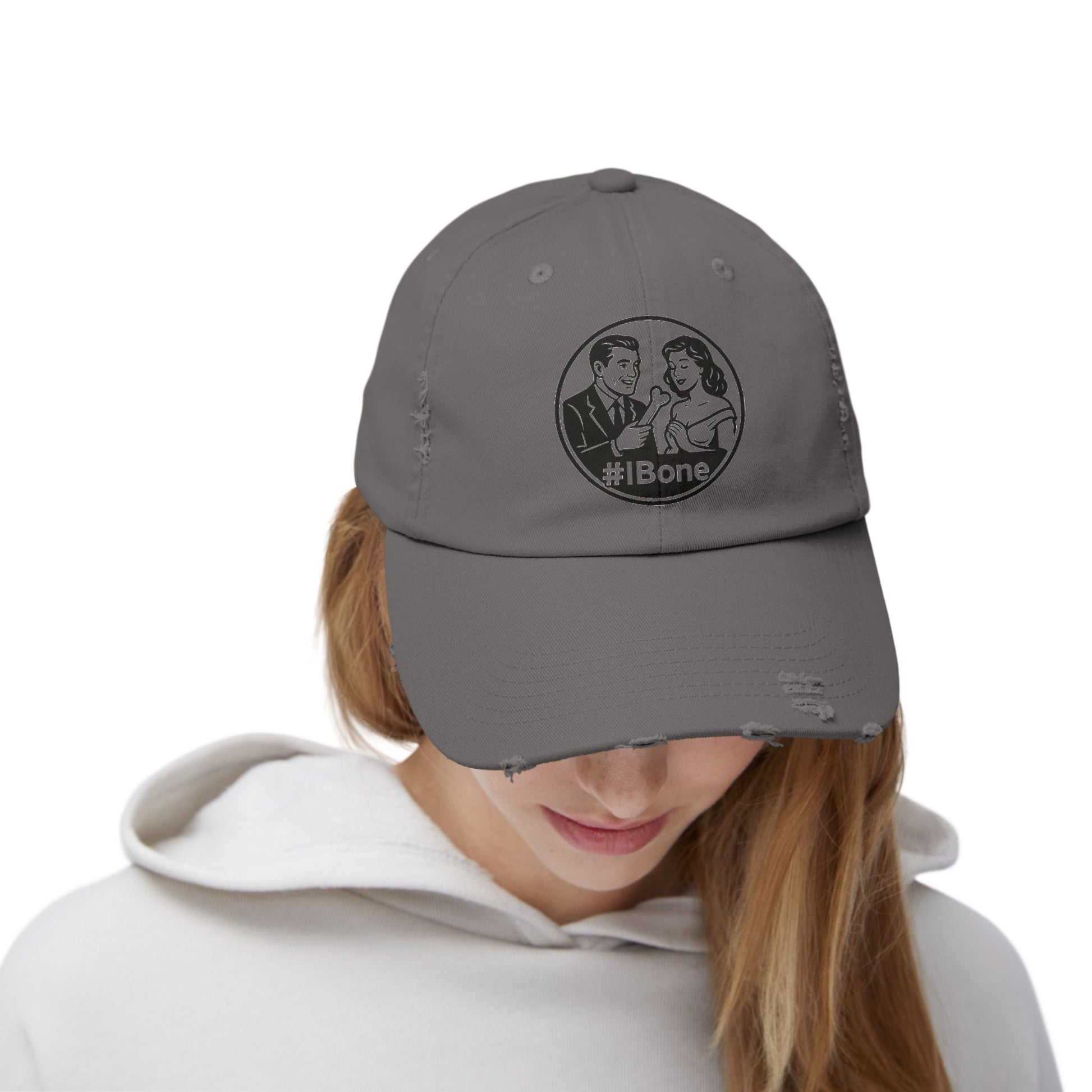 Casual Distressed Cap with Fun #IBone Design, Unisex Hat, Gift for Friends, Trendy Baseball Cap, Fashionable Headwear