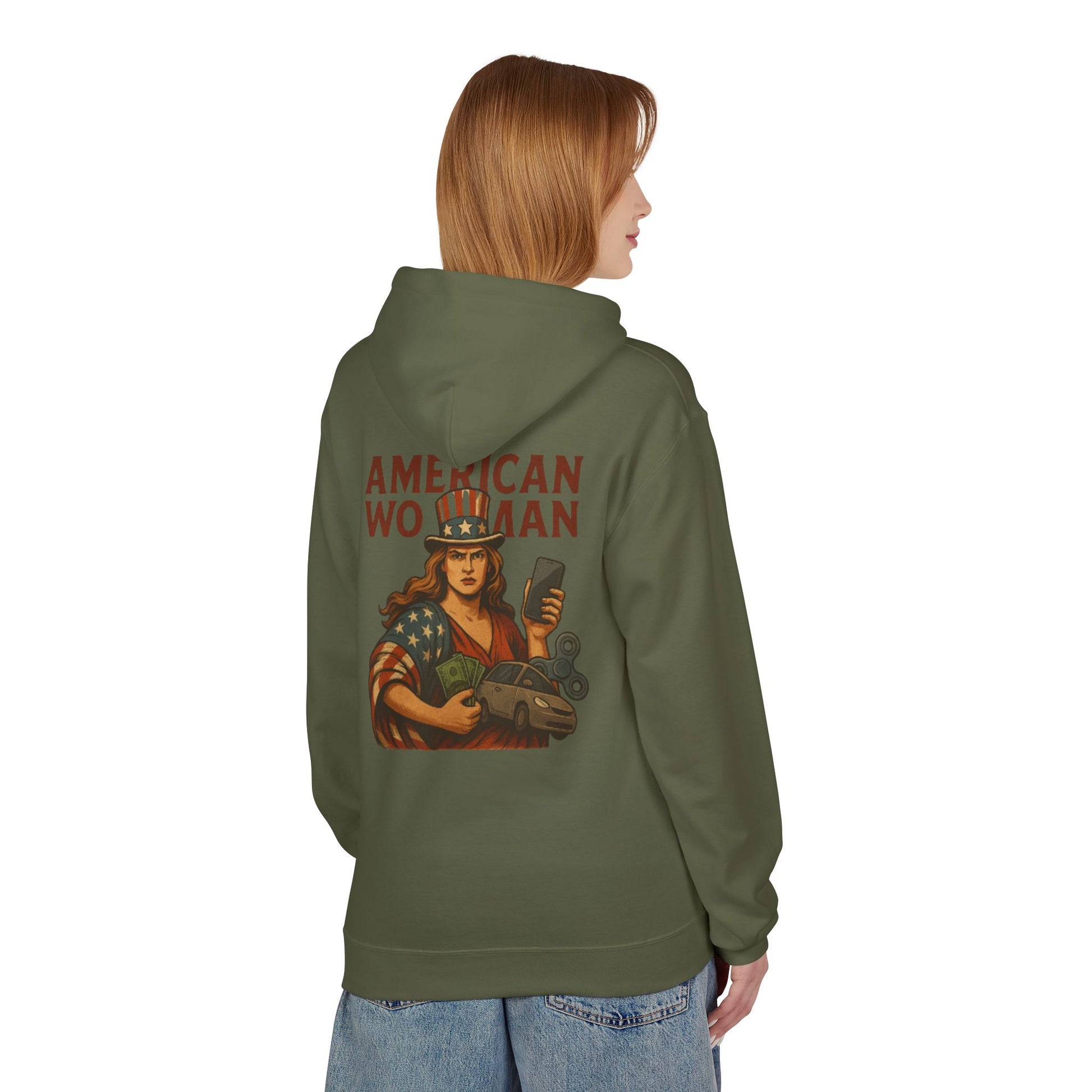 Unisex Inspirational Fleece Hoodie - "Improvise Adapt Overcome" & American Woman Graphic, Motivational Gift, Casual Wear, Comfortable Hoodie