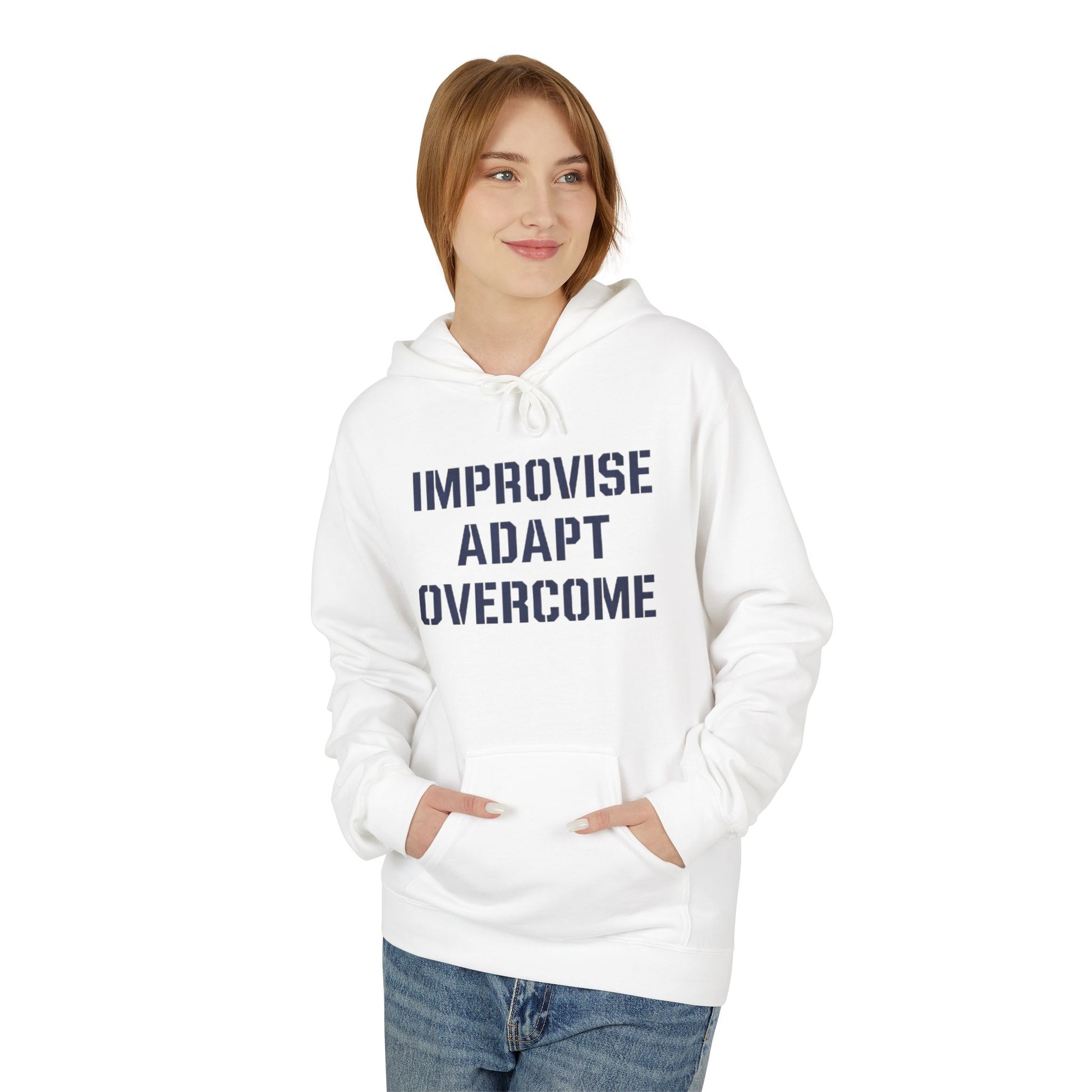 Unisex Inspirational Fleece Hoodie - "Improvise Adapt Overcome" & American Woman Graphic, Motivational Gift, Casual Wear, Comfortable Hoodie