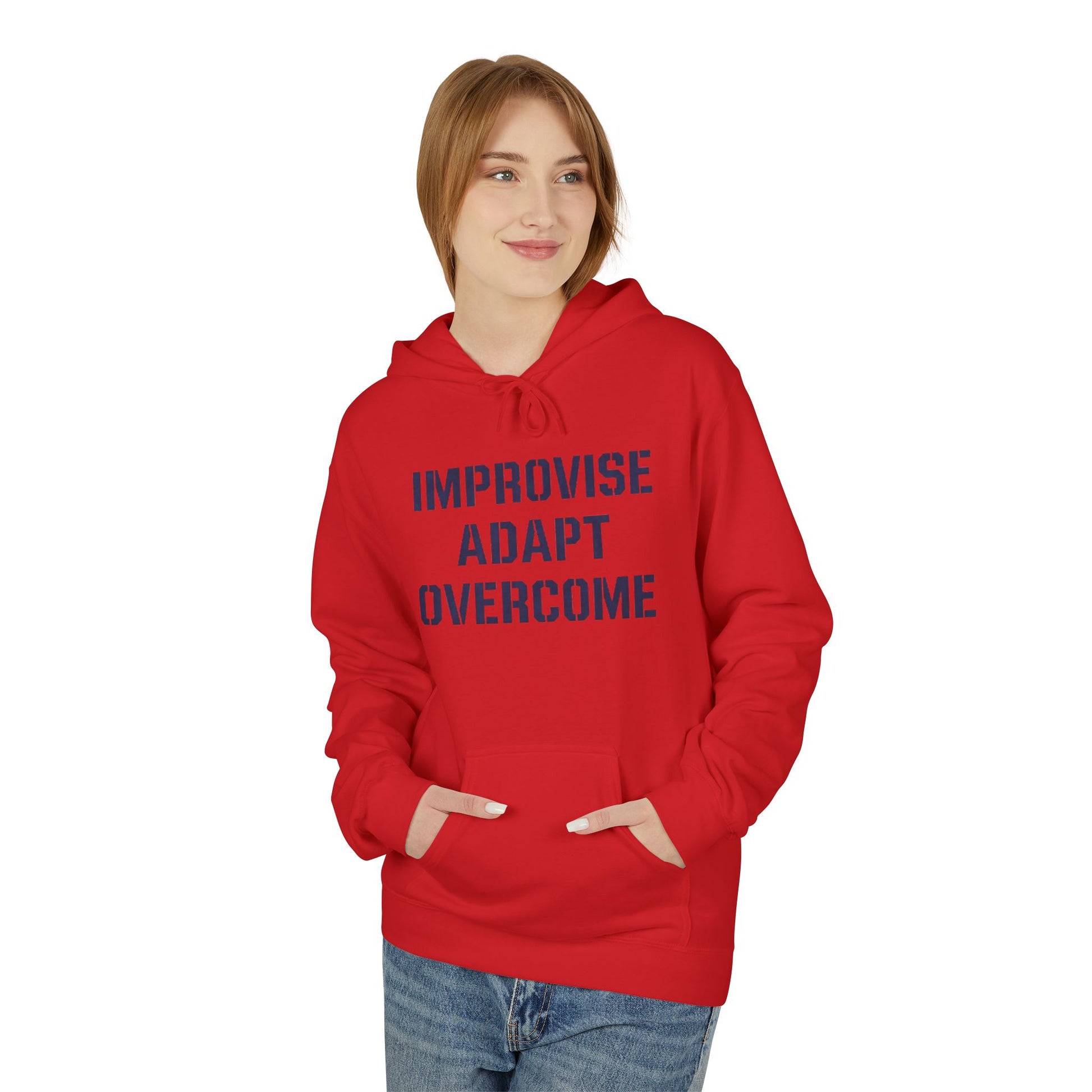 Unisex Inspirational Fleece Hoodie - "Improvise Adapt Overcome" & American Woman Graphic, Motivational Gift, Casual Wear, Comfortable Hoodie