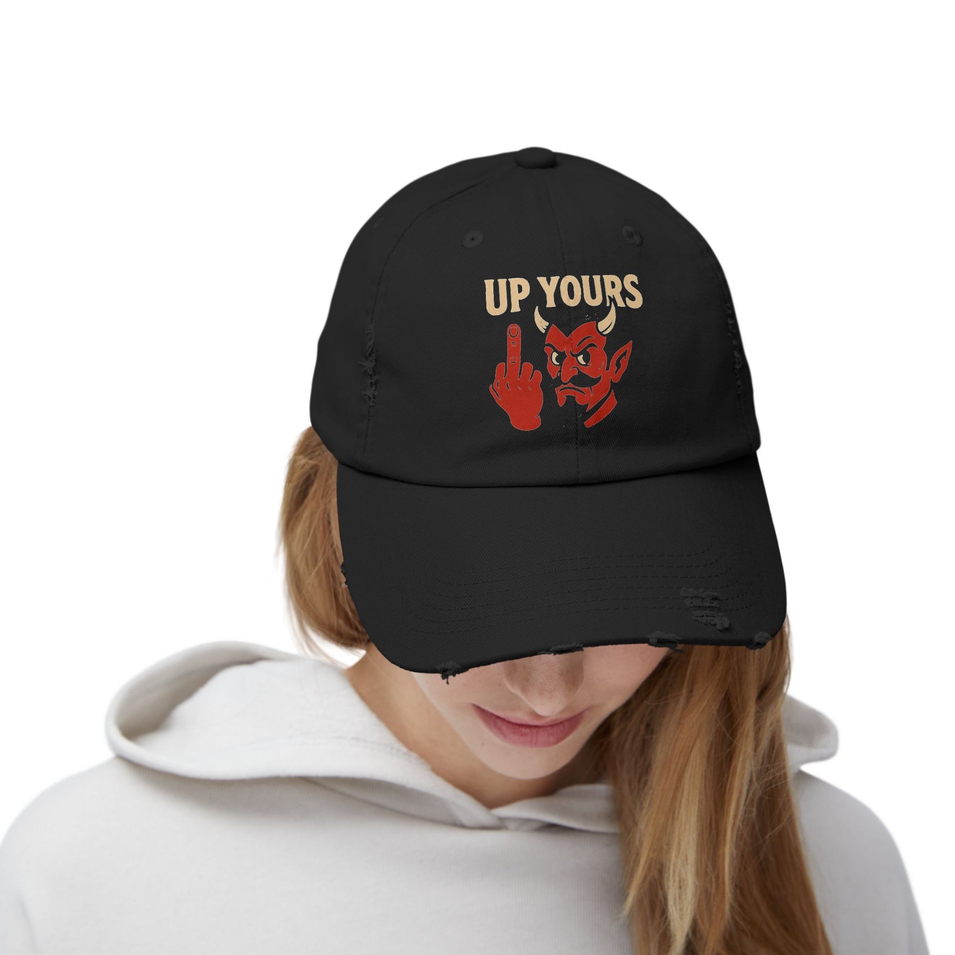 Unisex Distressed Cap with Up Yours Design, Casual Hat, Trendy Accessories, Gift for Him/Her, Streetwear Fashion, Humor Merchandise