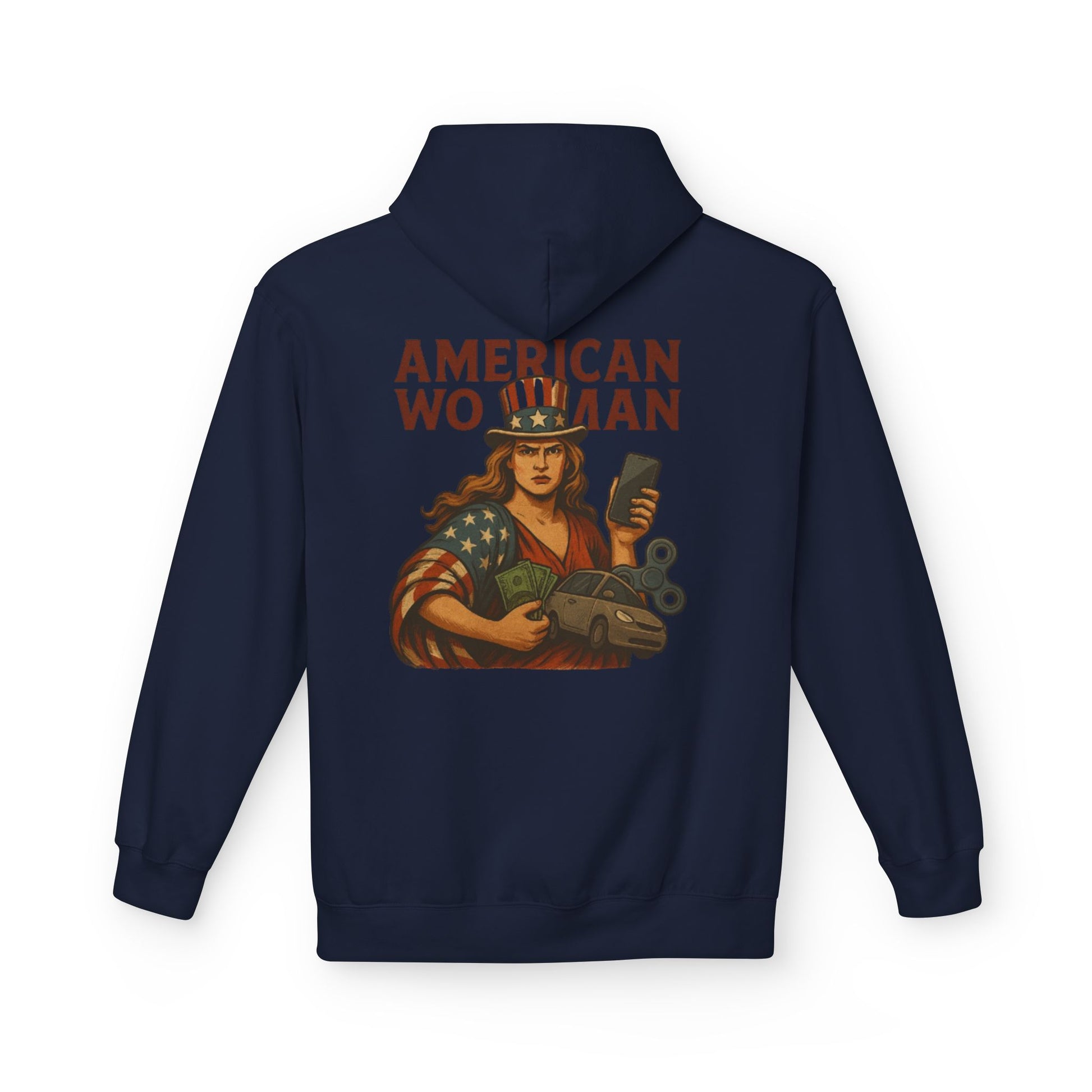 Unisex Inspirational Fleece Hoodie - "Improvise Adapt Overcome" & American Woman Graphic, Motivational Gift, Casual Wear, Comfortable Hoodie