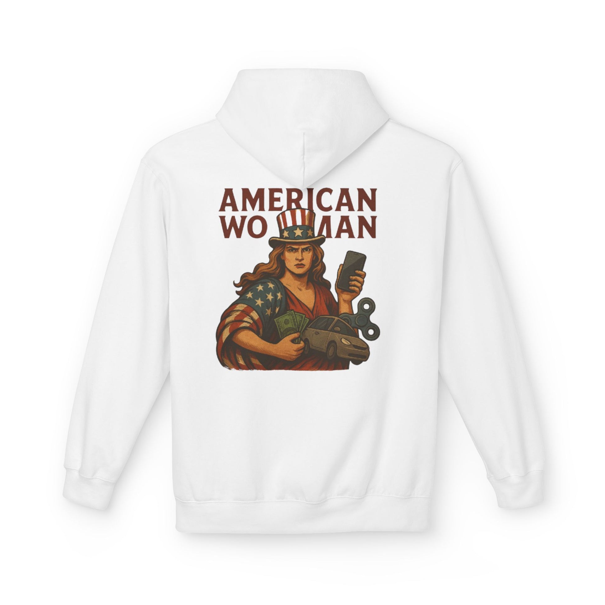 Unisex Inspirational Fleece Hoodie - "Improvise Adapt Overcome" & American Woman Graphic, Motivational Gift, Casual Wear, Comfortable Hoodie