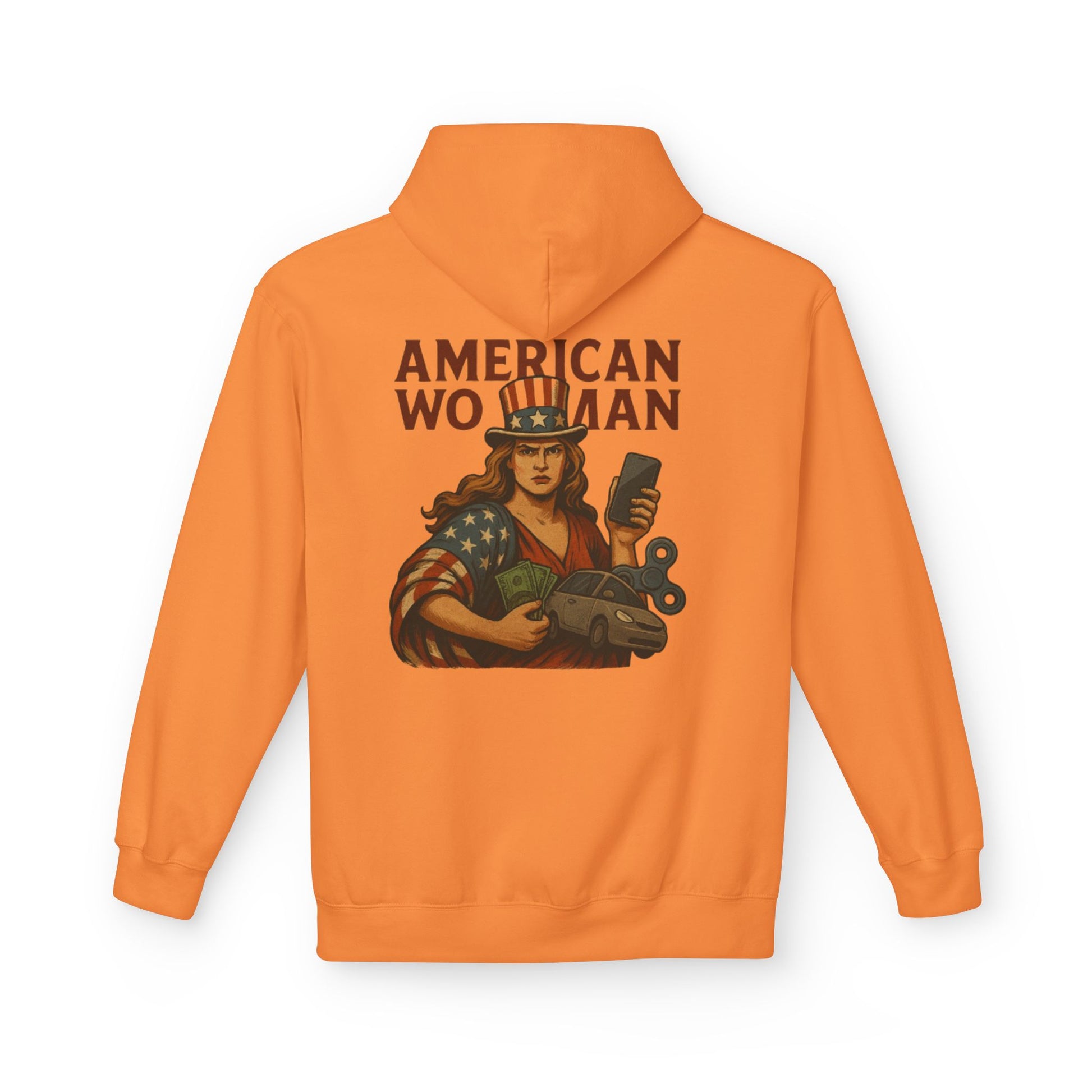 Unisex Inspirational Fleece Hoodie - "Improvise Adapt Overcome" & American Woman Graphic, Motivational Gift, Casual Wear, Comfortable Hoodie