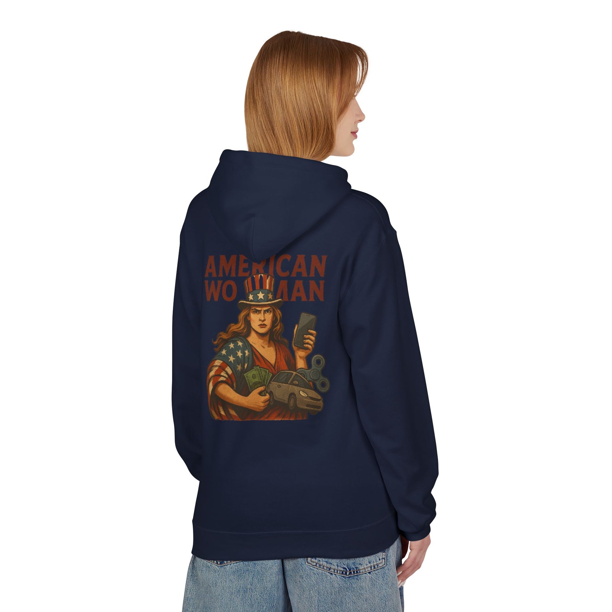 Unisex Inspirational Fleece Hoodie - "Improvise Adapt Overcome" & American Woman Graphic, Motivational Gift, Casual Wear, Comfortable Hoodie