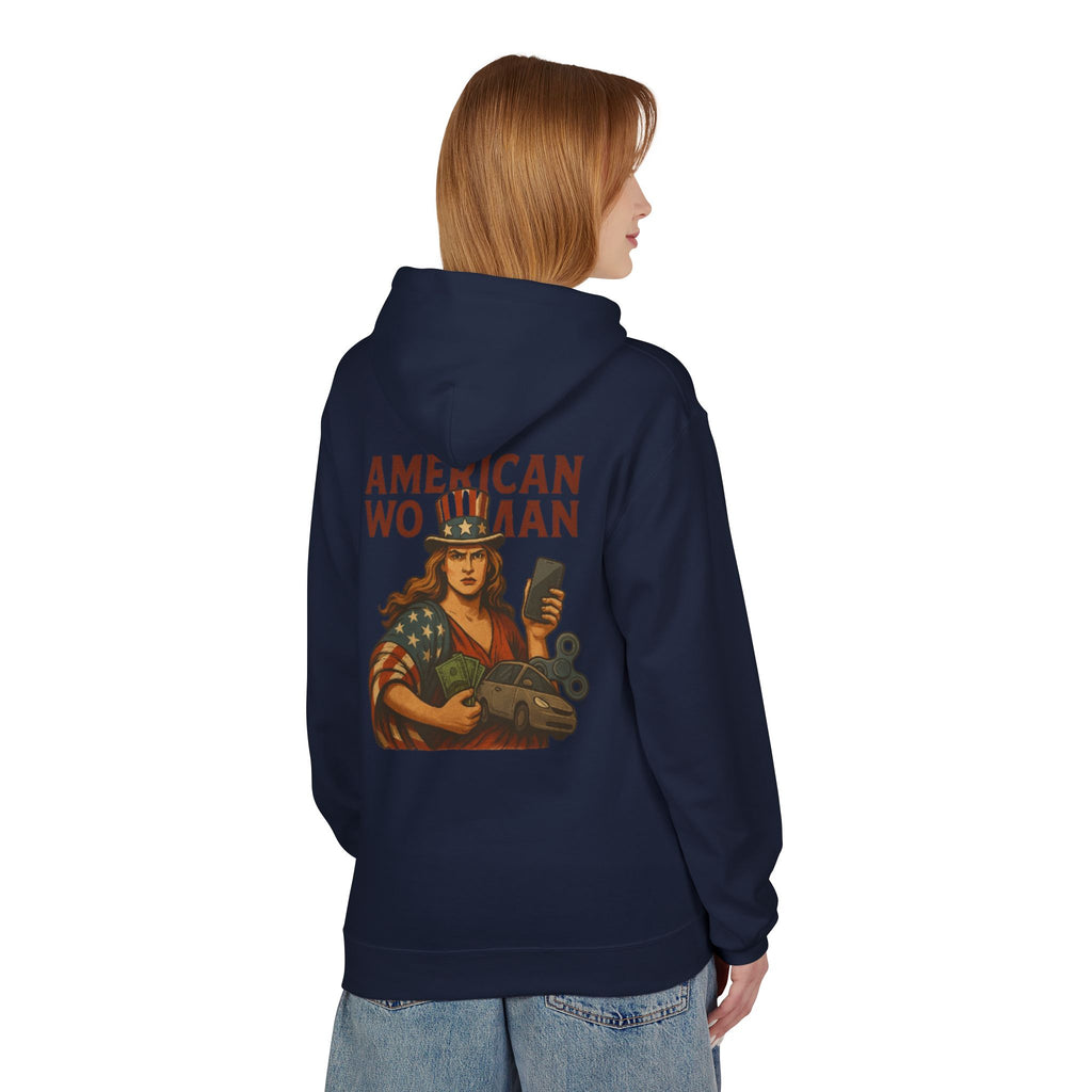 Unisex Inspirational Fleece Hoodie - "Improvise Adapt Overcome" & American Woman Graphic, Motivational Gift, Casual Wear, Comfortable Hoodie