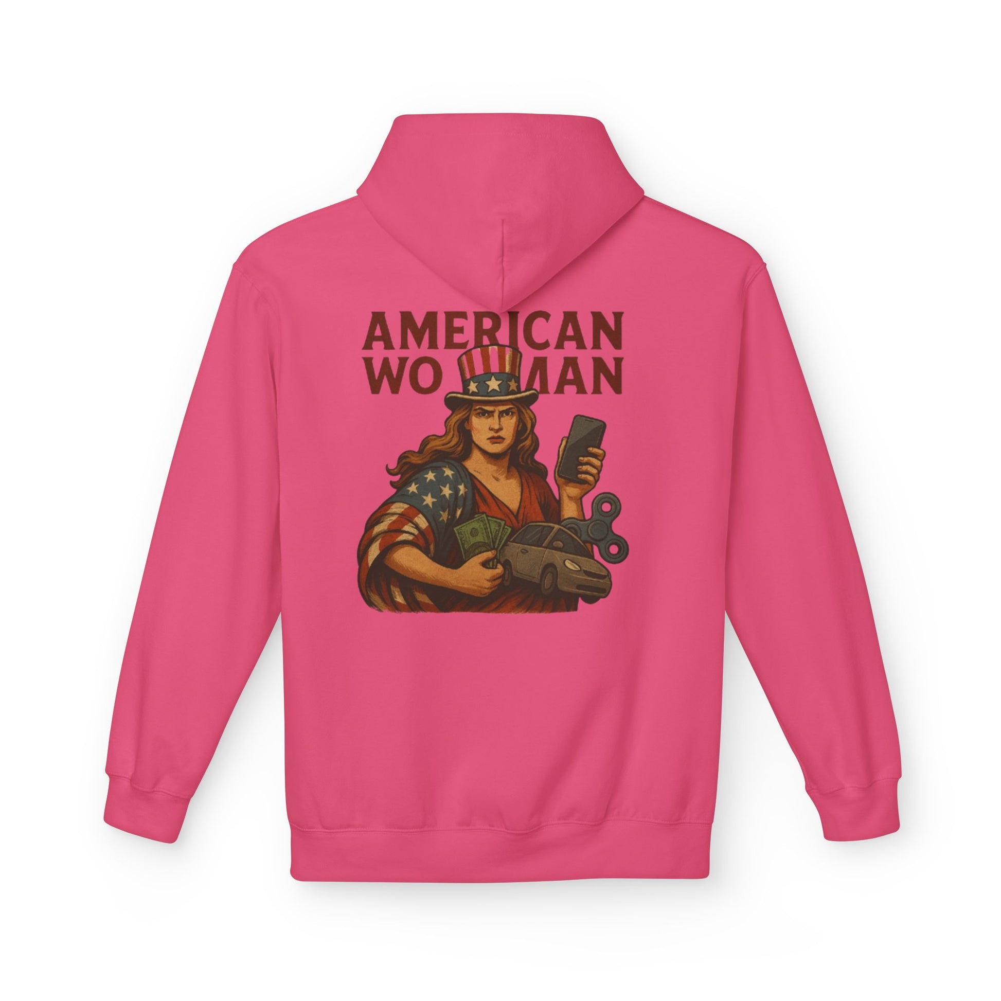 Unisex Inspirational Fleece Hoodie - "Improvise Adapt Overcome" & American Woman Graphic, Motivational Gift, Casual Wear, Comfortable Hoodie