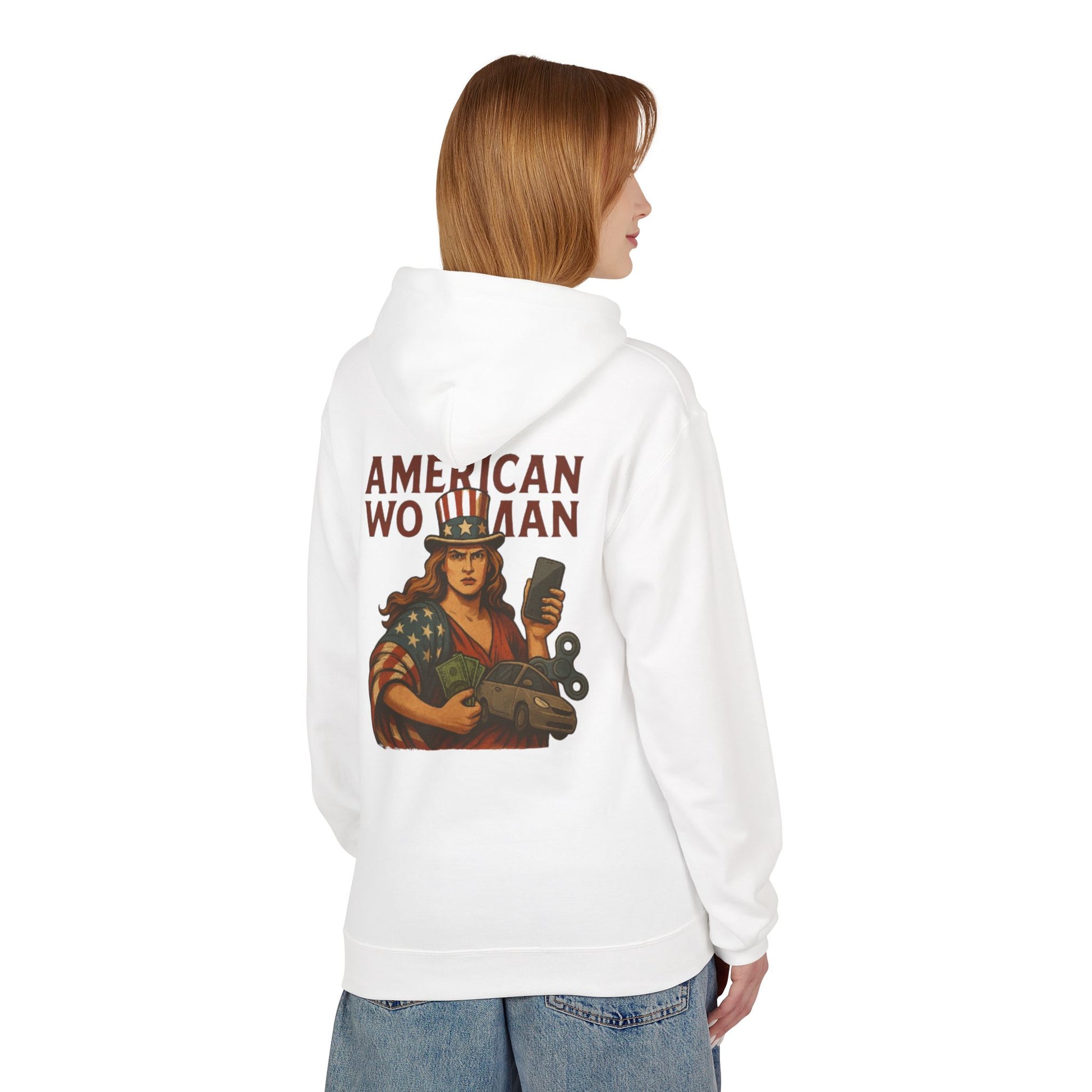 Unisex Inspirational Fleece Hoodie - "Improvise Adapt Overcome" & American Woman Graphic, Motivational Gift, Casual Wear, Comfortable Hoodie