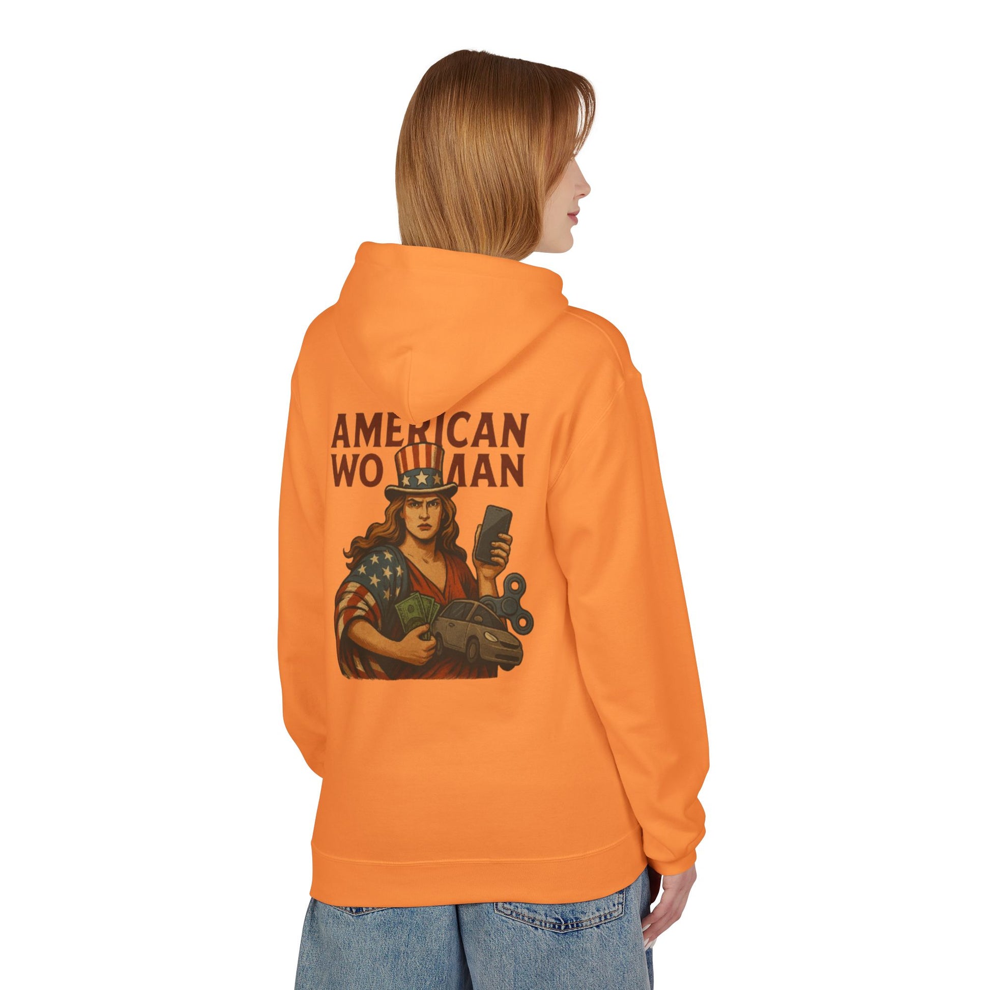 Unisex Inspirational Fleece Hoodie - "Improvise Adapt Overcome" & American Woman Graphic, Motivational Gift, Casual Wear, Comfortable Hoodie