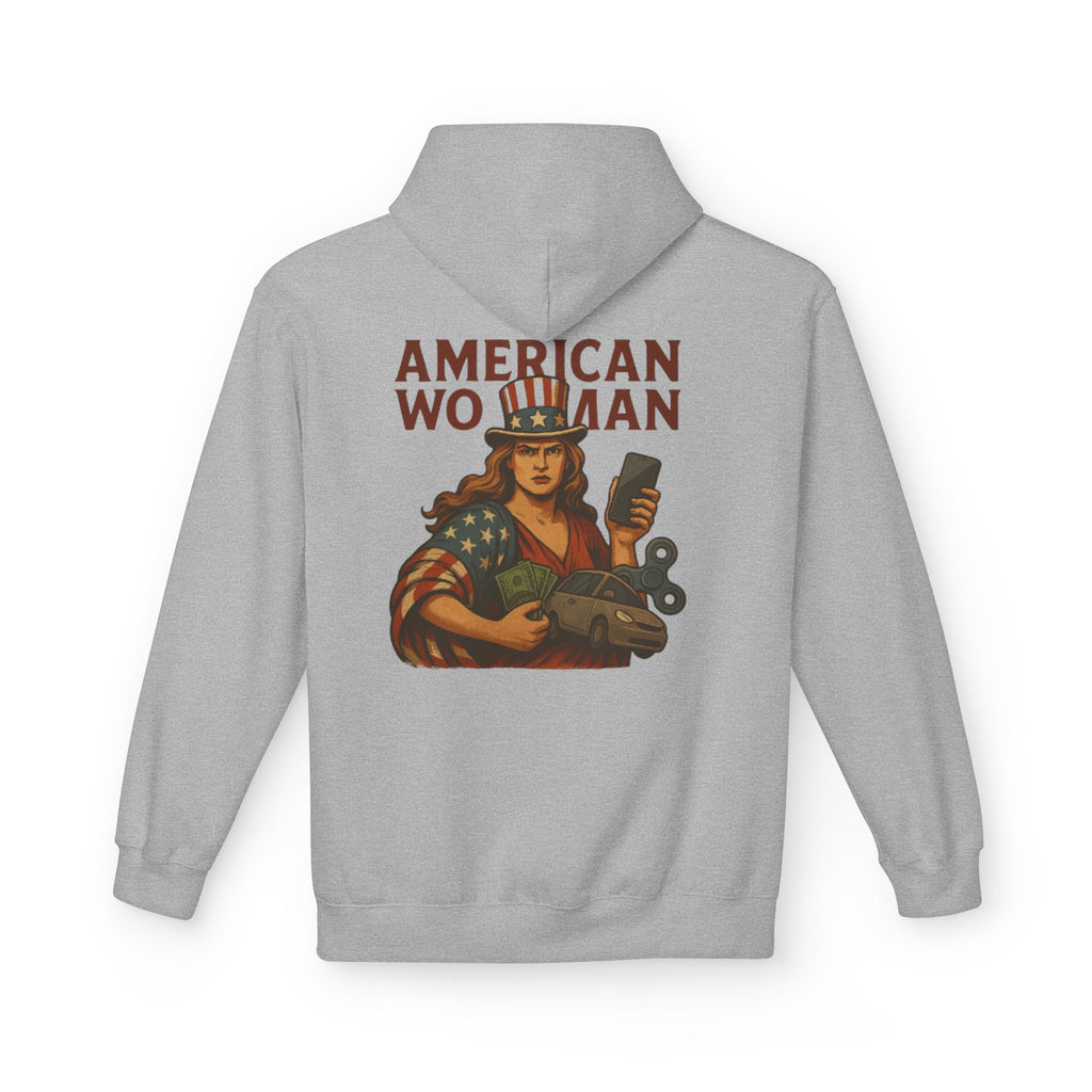 Unisex Inspirational Fleece Hoodie - "Improvise Adapt Overcome" & American Woman Graphic, Motivational Gift, Casual Wear, Comfortable Hoodie