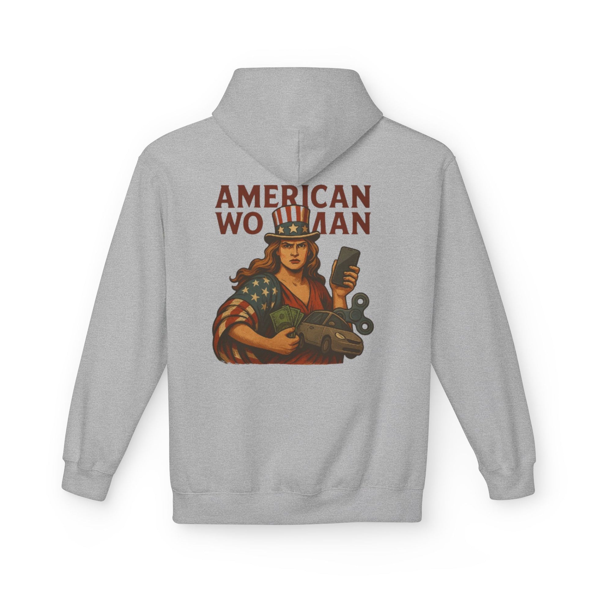 Unisex Inspirational Fleece Hoodie - "Improvise Adapt Overcome" & American Woman Graphic, Motivational Gift, Casual Wear, Comfortable Hoodie