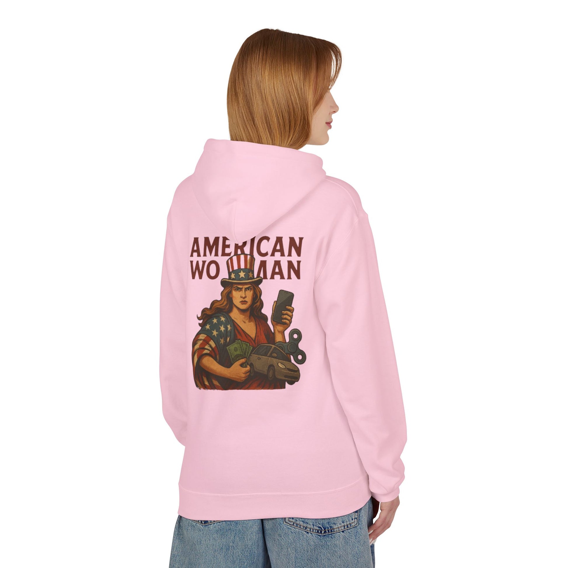 Unisex Inspirational Fleece Hoodie - "Improvise Adapt Overcome" & American Woman Graphic, Motivational Gift, Casual Wear, Comfortable Hoodie