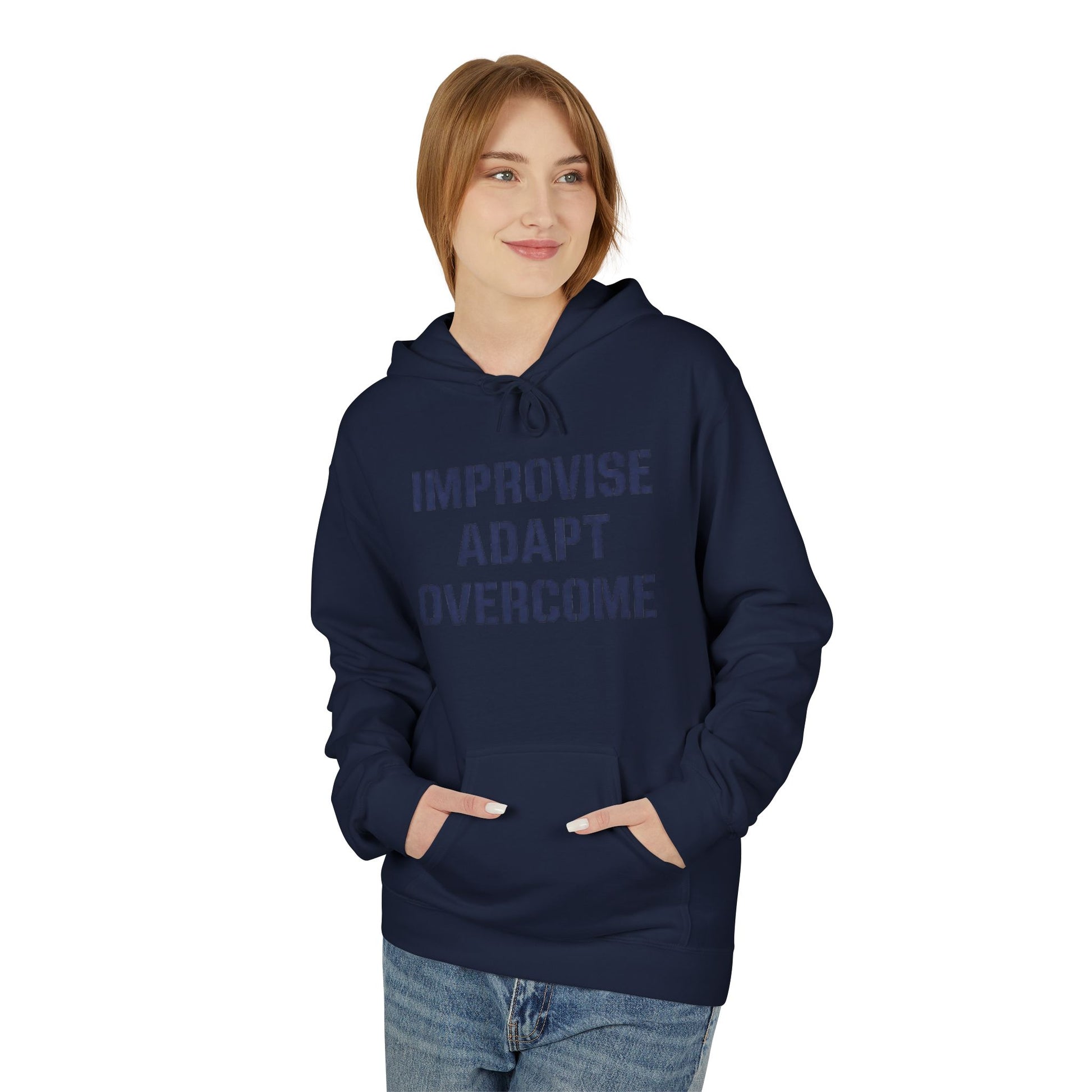 Unisex Inspirational Fleece Hoodie - "Improvise Adapt Overcome" & American Woman Graphic, Motivational Gift, Casual Wear, Comfortable Hoodie