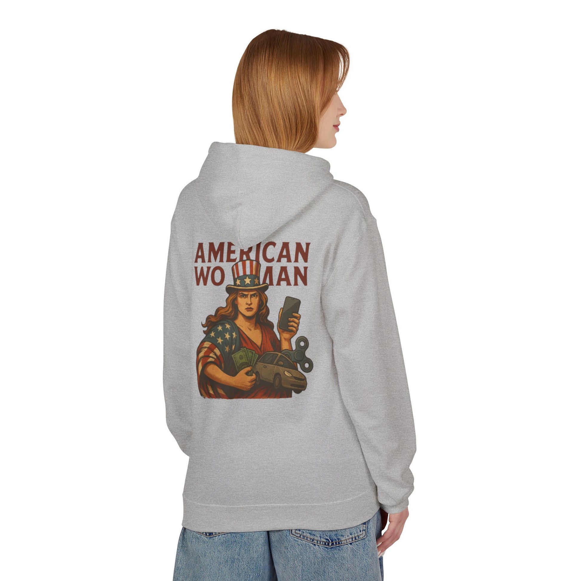 Unisex Inspirational Fleece Hoodie - "Improvise Adapt Overcome" & American Woman Graphic, Motivational Gift, Casual Wear, Comfortable Hoodie