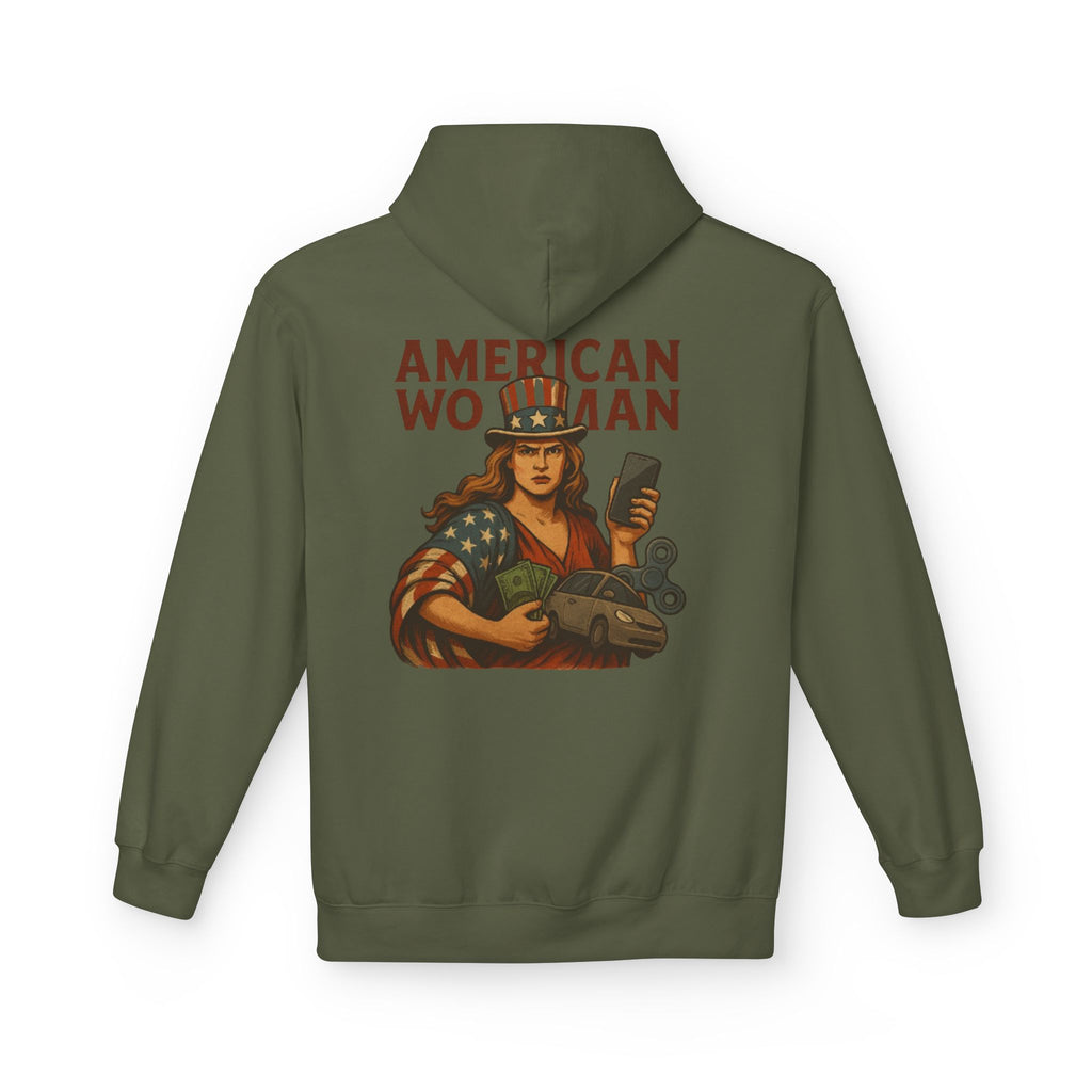 Unisex Inspirational Fleece Hoodie - "Improvise Adapt Overcome" & American Woman Graphic, Motivational Gift, Casual Wear, Comfortable Hoodie