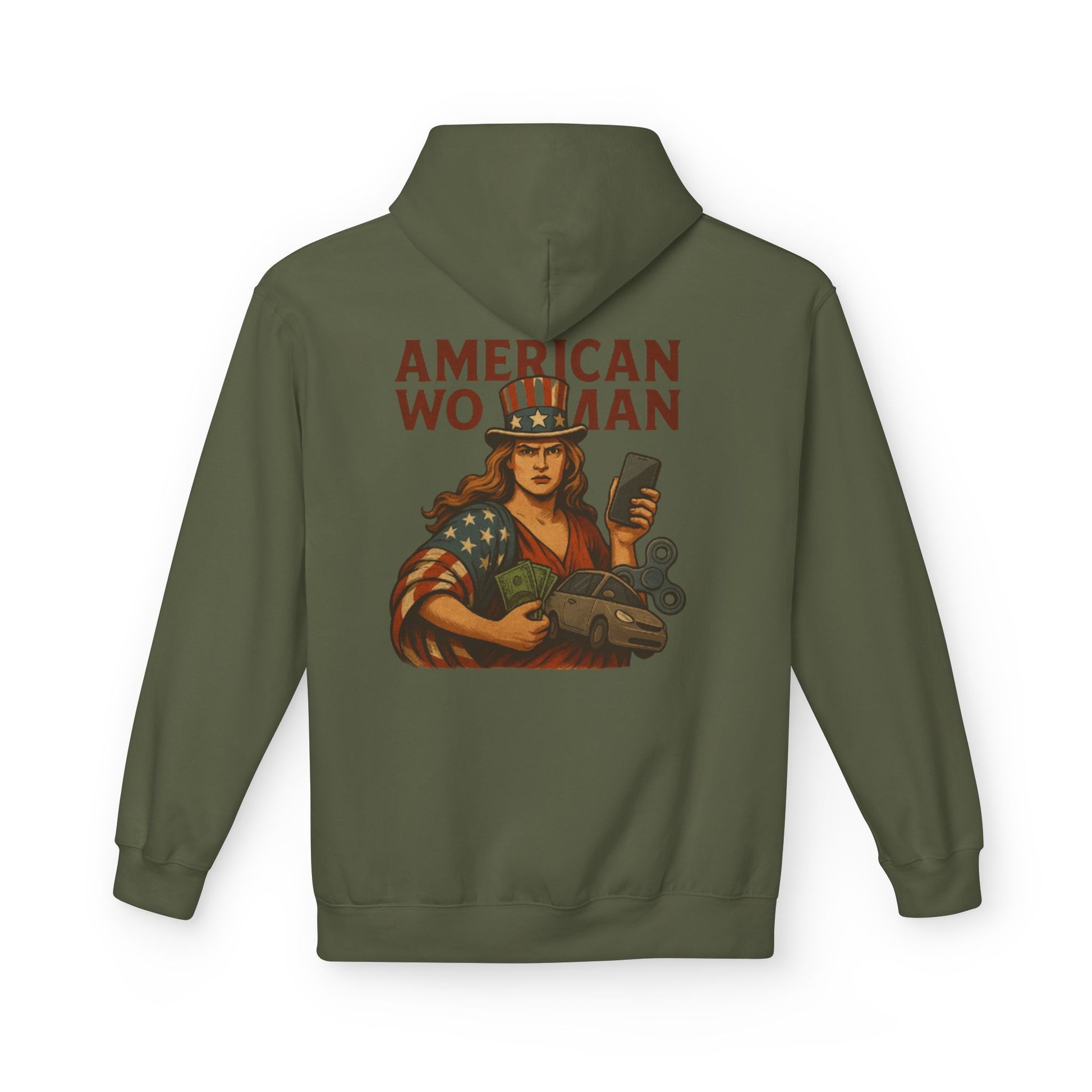 Unisex Inspirational Fleece Hoodie - "Improvise Adapt Overcome" & American Woman Graphic, Motivational Gift, Casual Wear, Comfortable Hoodie