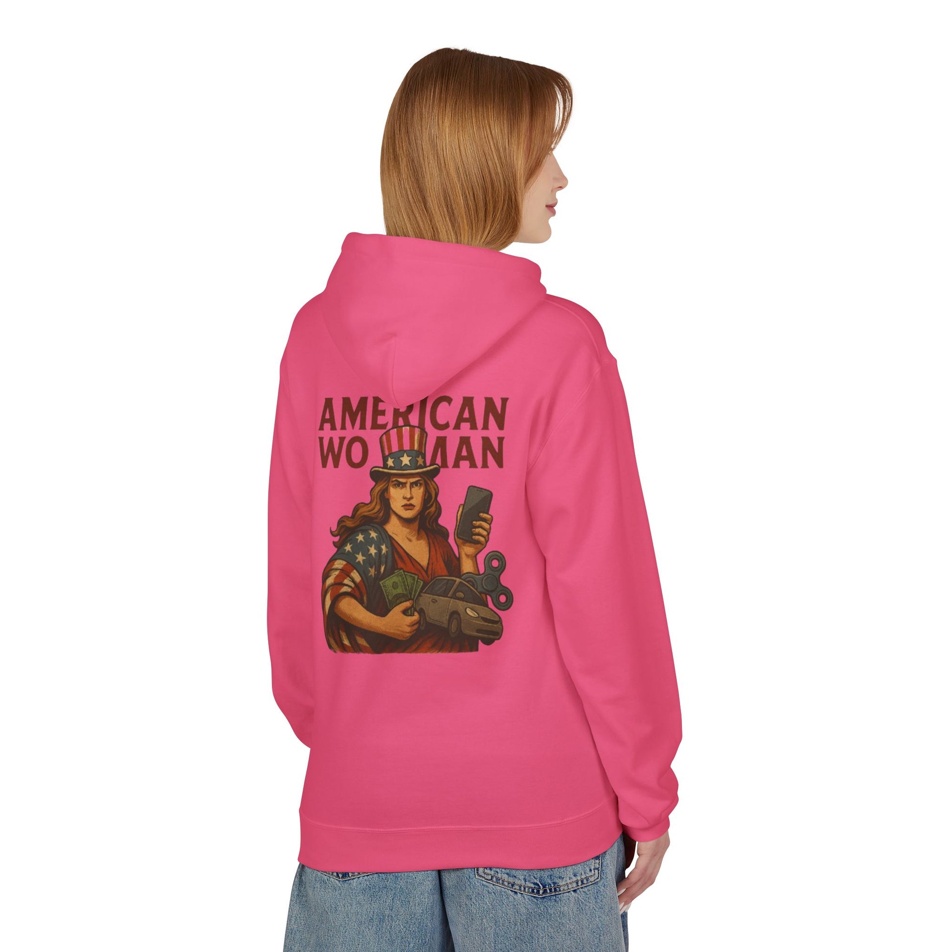 Unisex Inspirational Fleece Hoodie - "Improvise Adapt Overcome" & American Woman Graphic, Motivational Gift, Casual Wear, Comfortable Hoodie