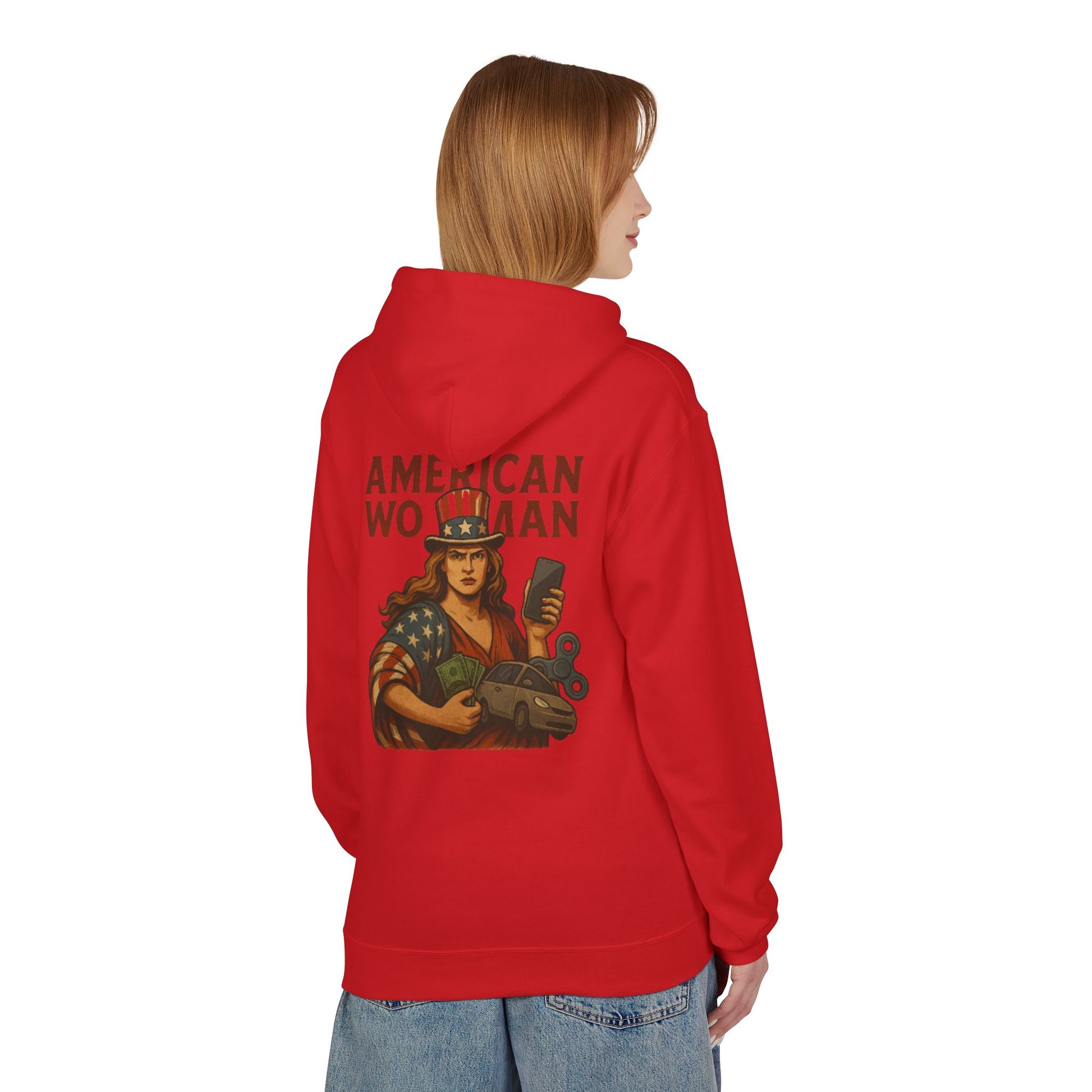 Unisex Inspirational Fleece Hoodie - "Improvise Adapt Overcome" & American Woman Graphic, Motivational Gift, Casual Wear, Comfortable Hoodie