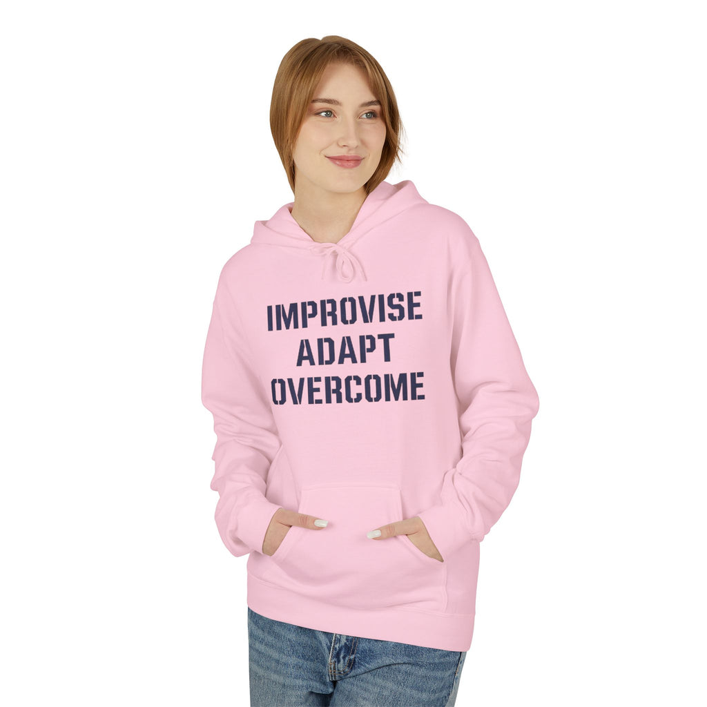 Unisex Inspirational Fleece Hoodie - "Improvise Adapt Overcome" & American Woman Graphic, Motivational Gift, Casual Wear, Comfortable Hoodie