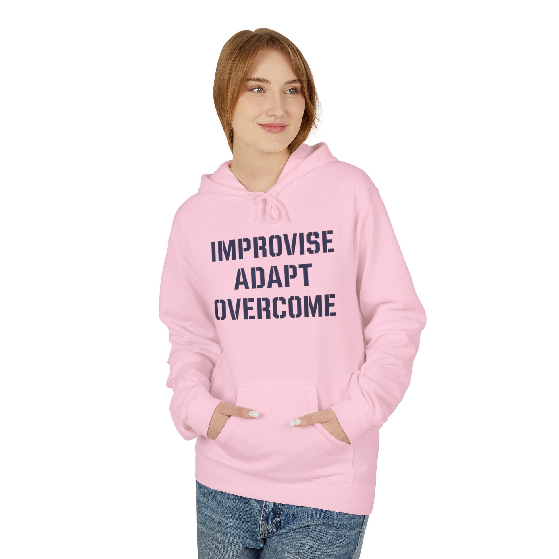 Unisex Inspirational Fleece Hoodie - "Improvise Adapt Overcome" & American Woman Graphic, Motivational Gift, Casual Wear, Comfortable Hoodie
