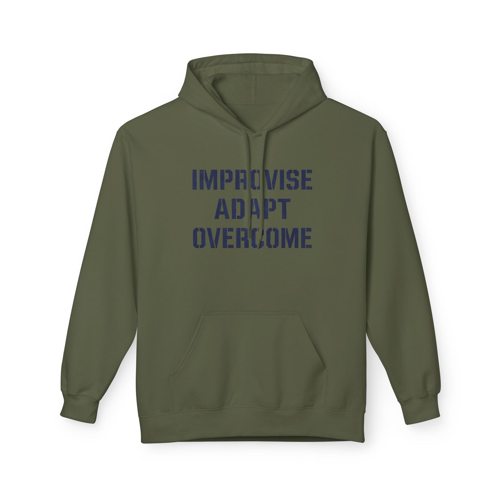 Unisex Inspirational Fleece Hoodie - "Improvise Adapt Overcome" & American Woman Graphic, Motivational Gift, Casual Wear, Comfortable Hoodie