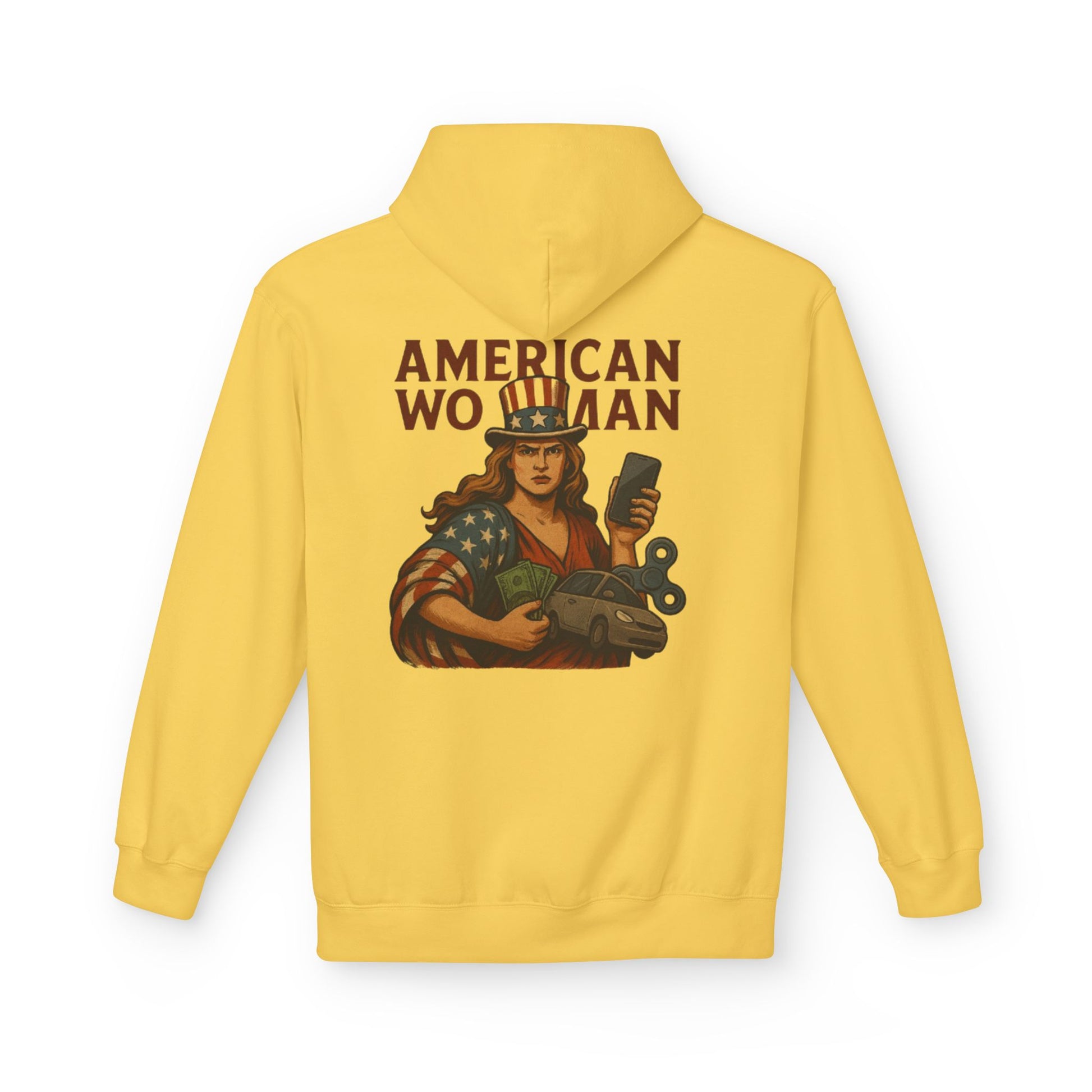 Unisex Inspirational Fleece Hoodie - "Improvise Adapt Overcome" & American Woman Graphic, Motivational Gift, Casual Wear, Comfortable Hoodie