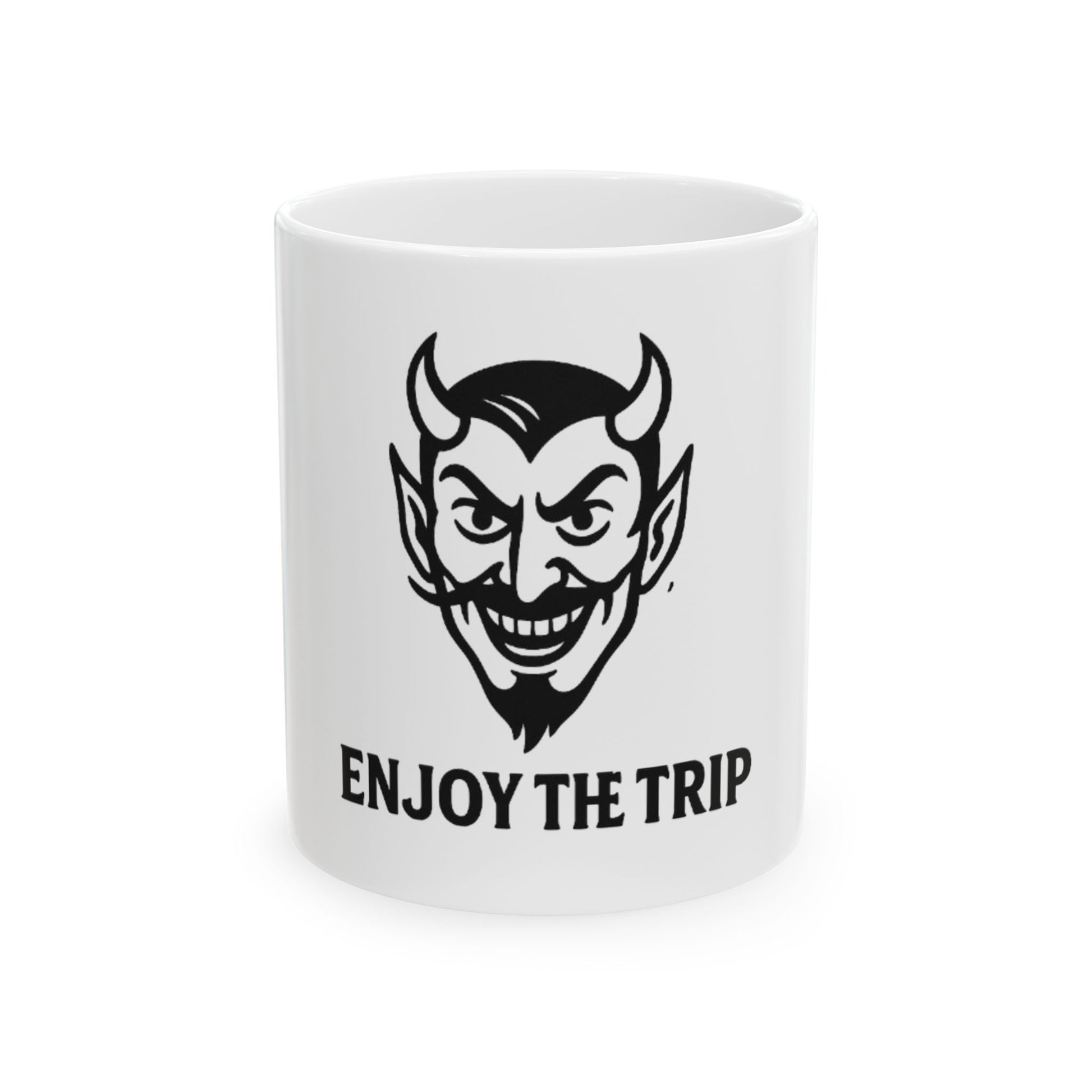 Devilish Charm Ceramic Mug - Enjoy the Trip, Coffee Cup, Gift for Travelers, Halloween Decor, Unique Drinking Mug, Fun Gift Idea