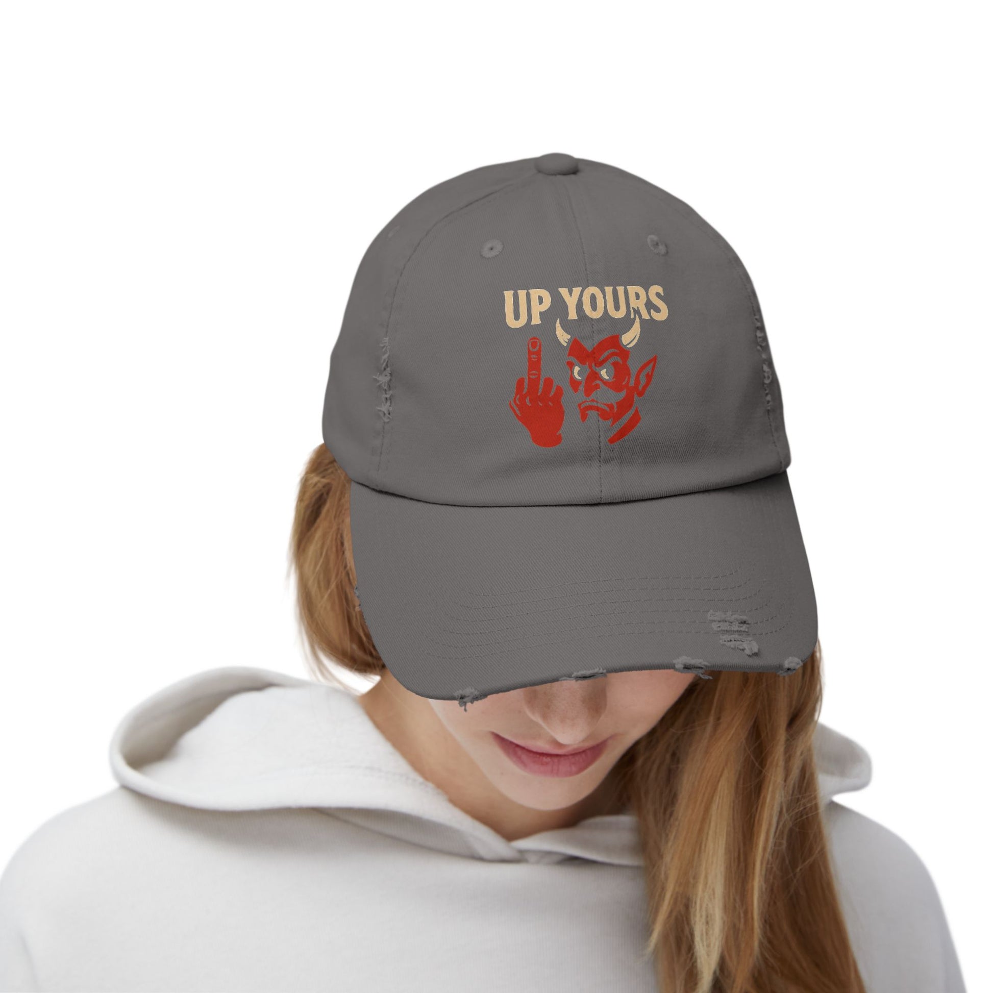 Unisex Distressed Cap with Up Yours Design, Casual Hat, Trendy Accessories, Gift for Him/Her, Streetwear Fashion, Humor Merchandise
