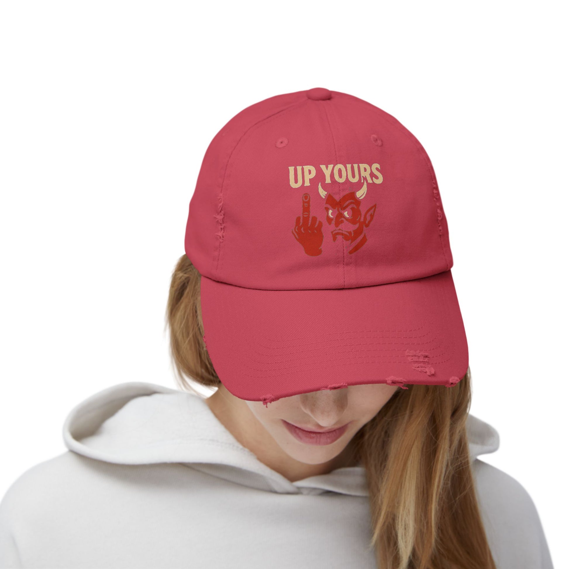 Unisex Distressed Cap with Up Yours Design, Casual Hat, Trendy Accessories, Gift for Him/Her, Streetwear Fashion, Humor Merchandise