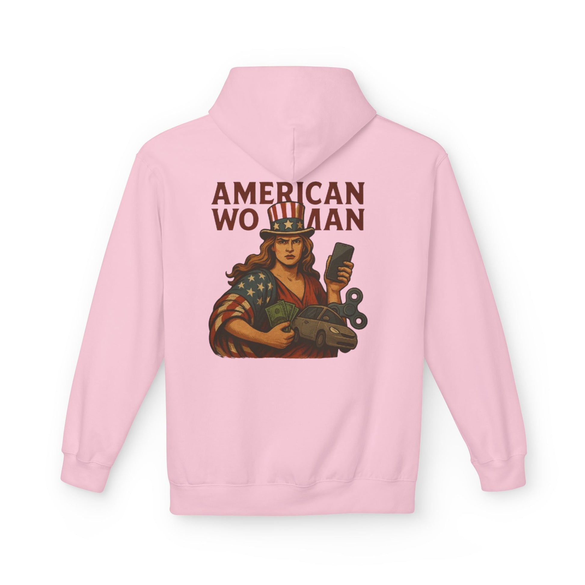 Unisex Inspirational Fleece Hoodie - "Improvise Adapt Overcome" & American Woman Graphic, Motivational Gift, Casual Wear, Comfortable Hoodie